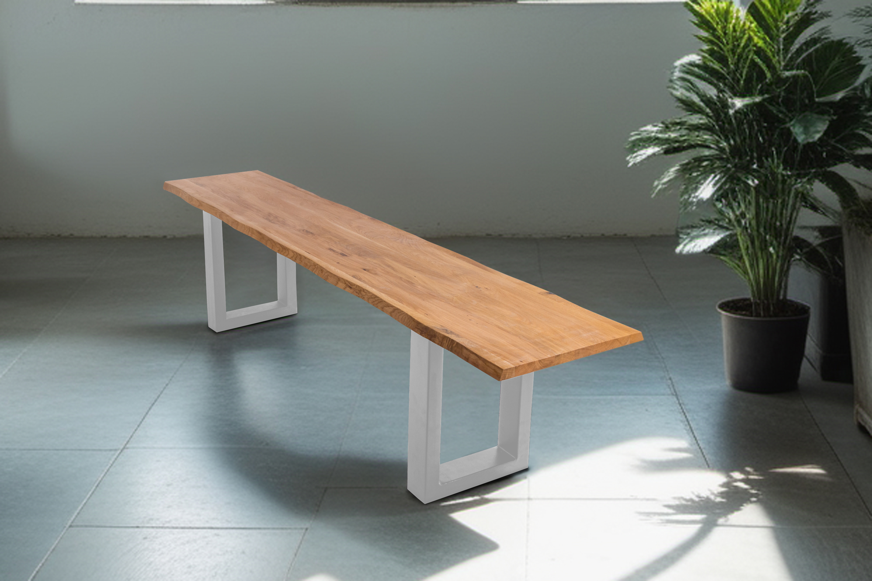 Sitzbank Baumkante 140 cm Eichenholz massiv silber ENRICO