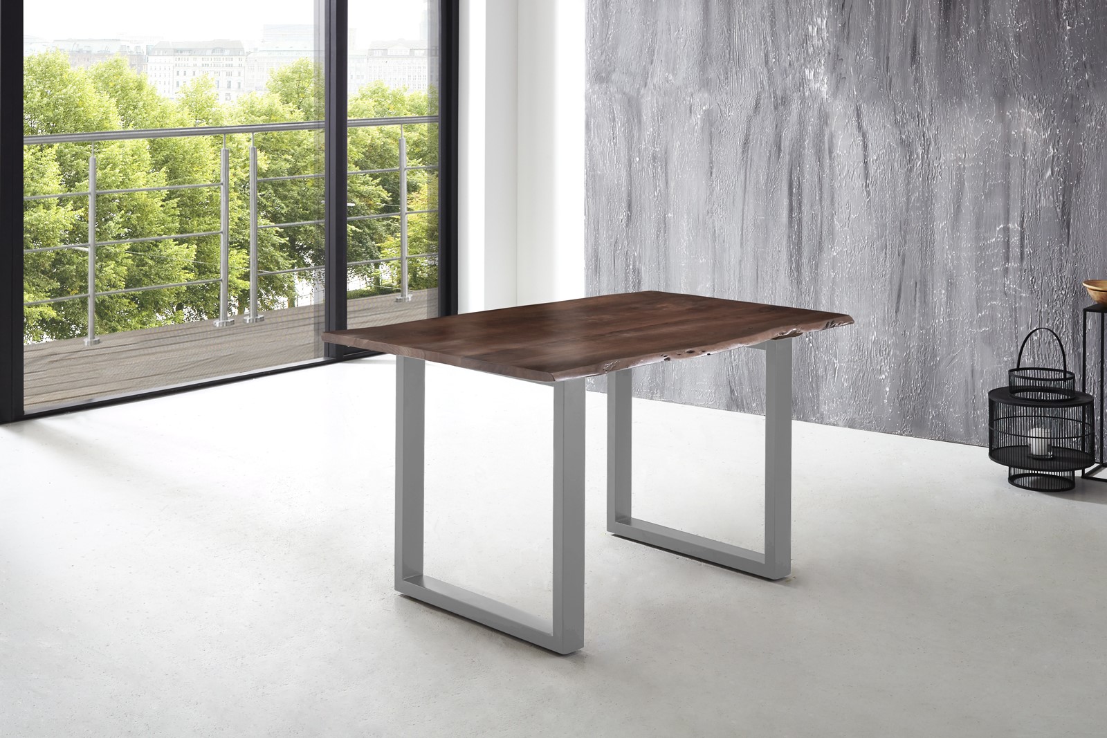 Esstisch Baumkante massiv Akazie nussbaum 180 x 90 silber U-Gestell LUBIN