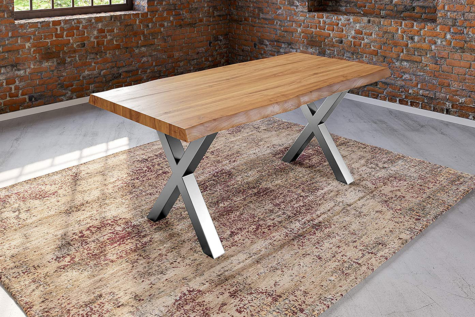  Esstisch Baumkante massiv Akazie natur 220 x 100 silber X-Gestell XEREZ