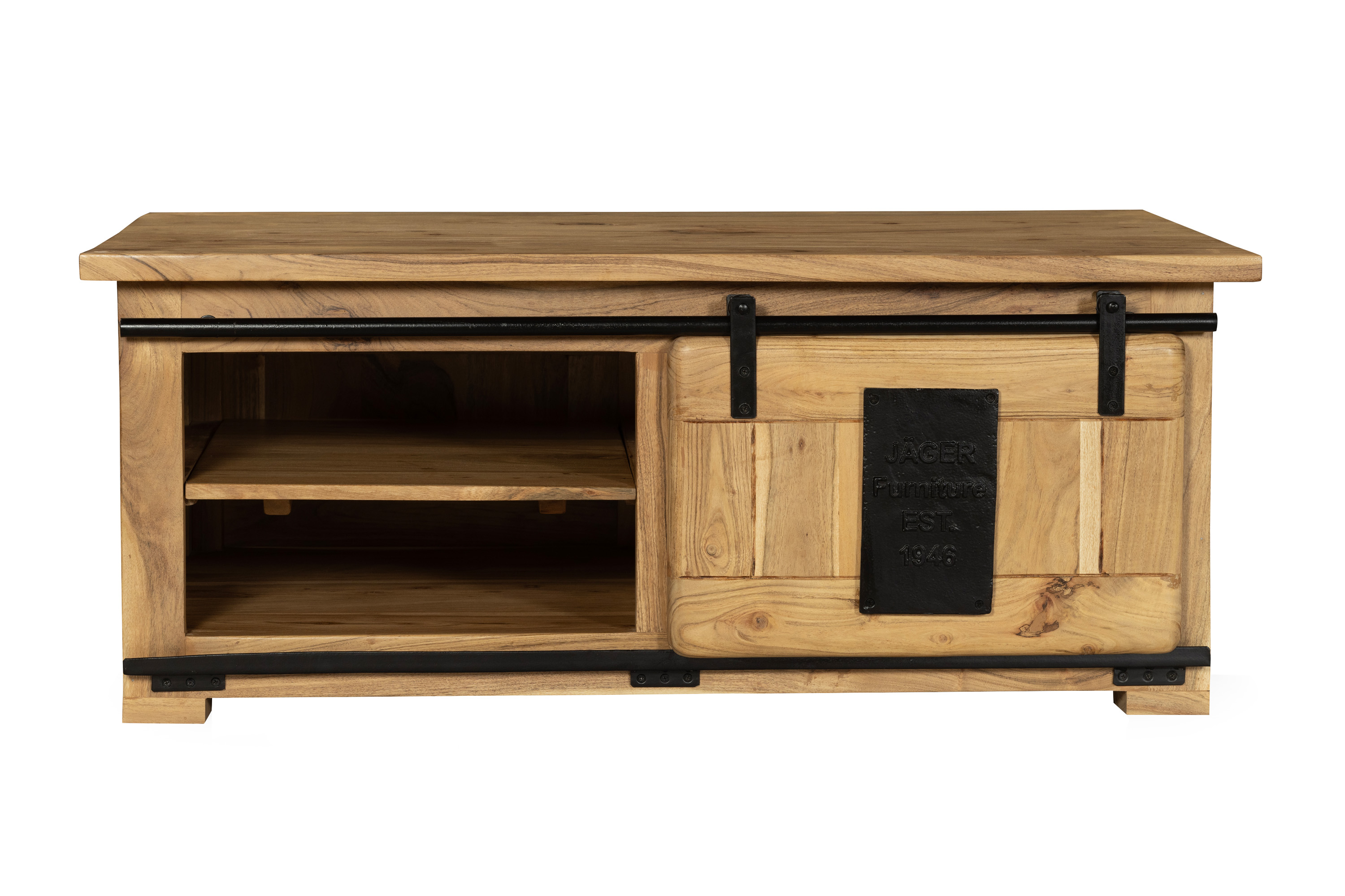 Couchtisch mit Schiebetür und 3 Fächern Akazie massiv 110 x 45 x 70 cm natur LIBRO