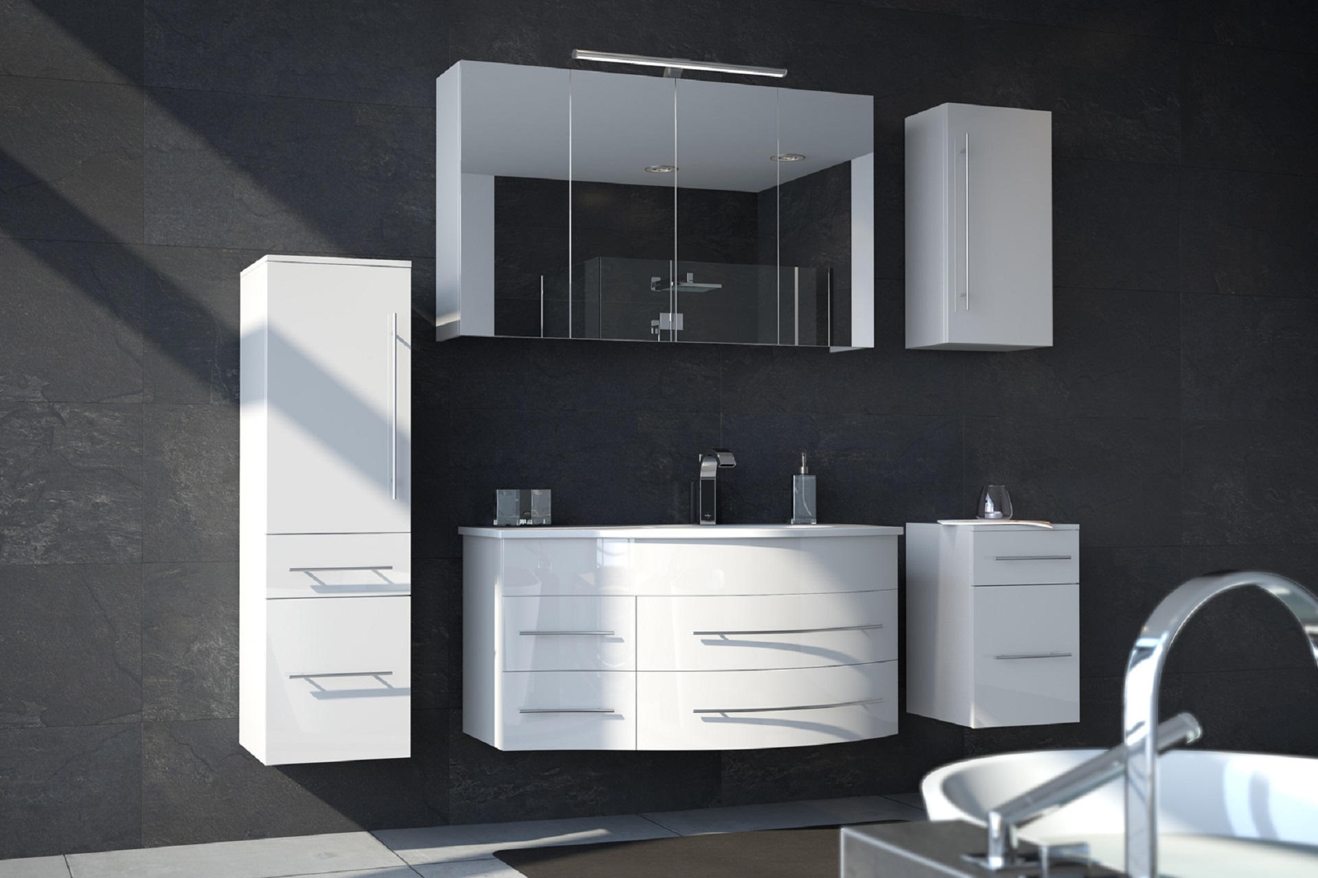 Badmöbel Set 5tlg Becken rechts 110 cm weiß MIO
