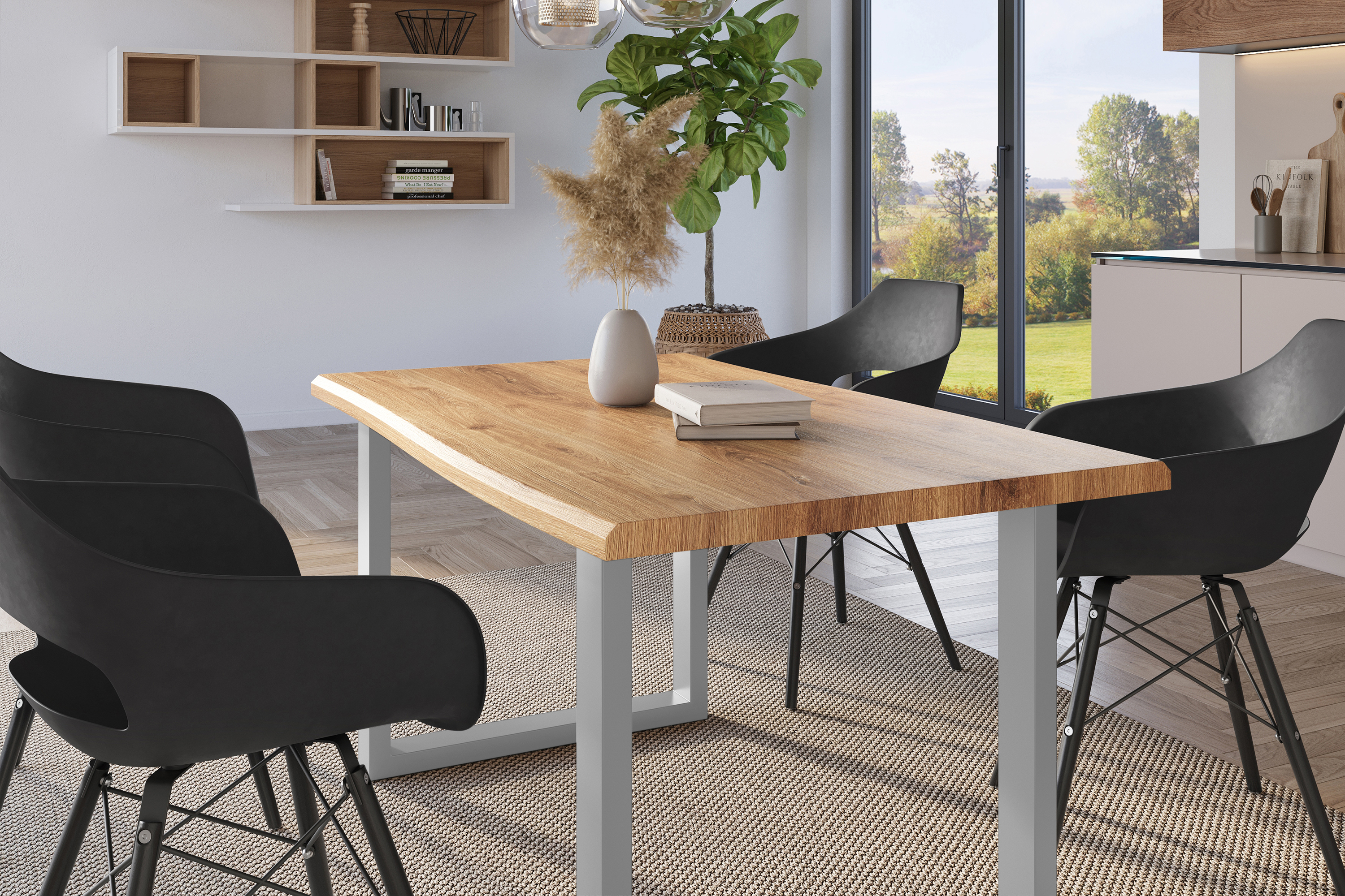 Esstisch Baumkante Holz-Optik Wildeiche 160 x 85 U-Gestell silber JULIUS