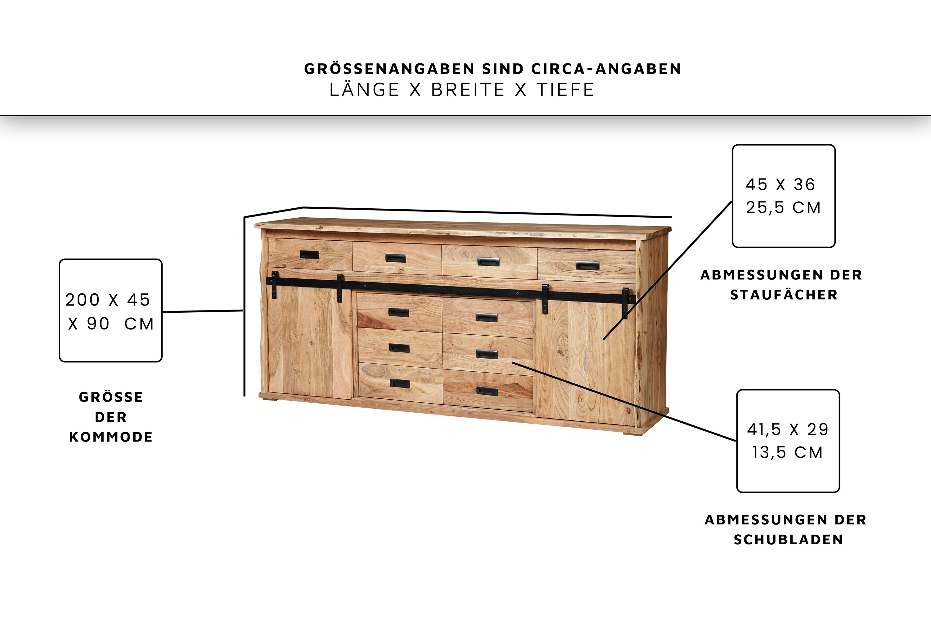 Sideboard Baumkante 200 x 45 x 90 cm Akazienholz massiv naturfarben LIAN IV