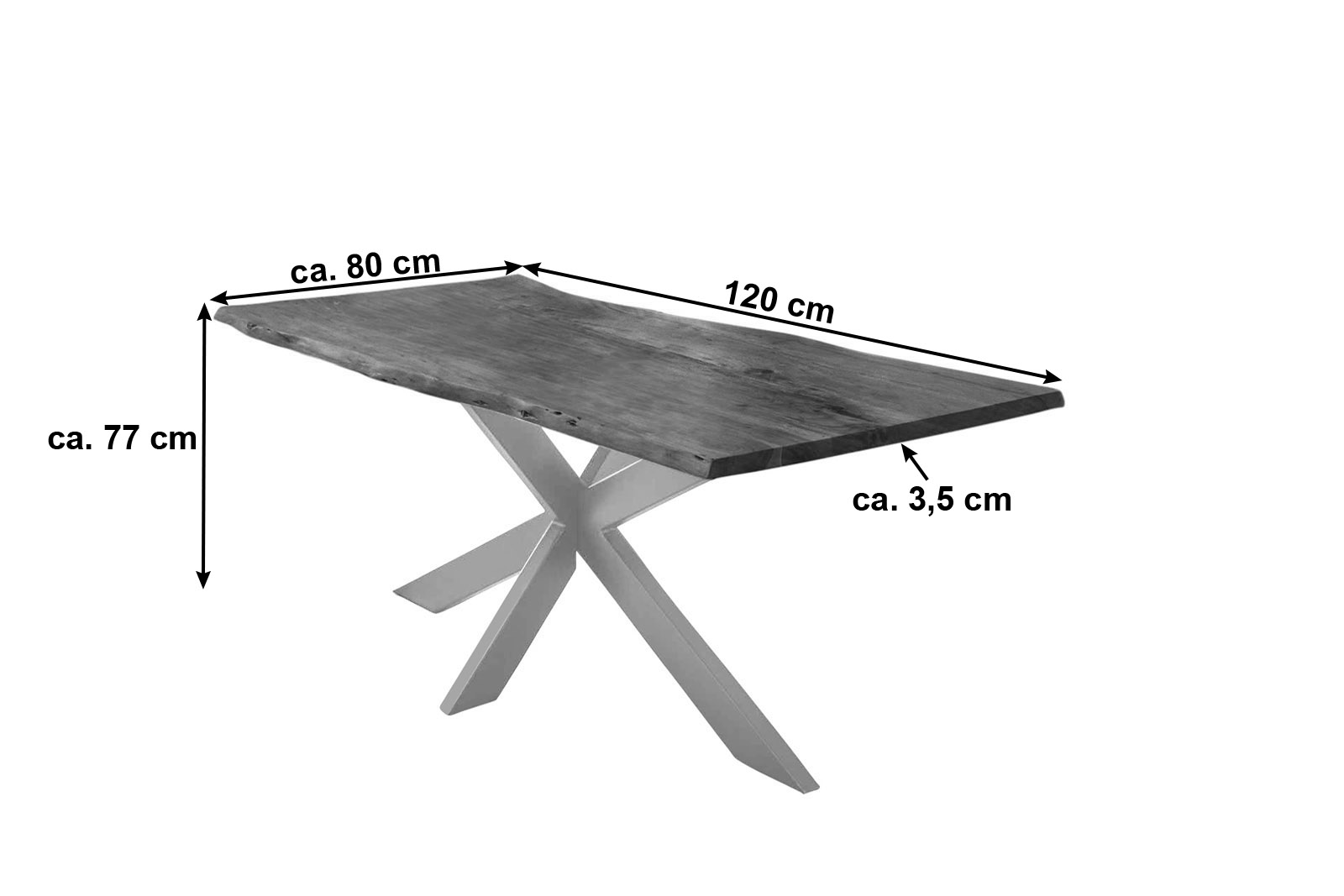 Esstisch Baumkante Akazie nussbaumfarben 120 x 80 cm Spider-Gestell silber TABEA