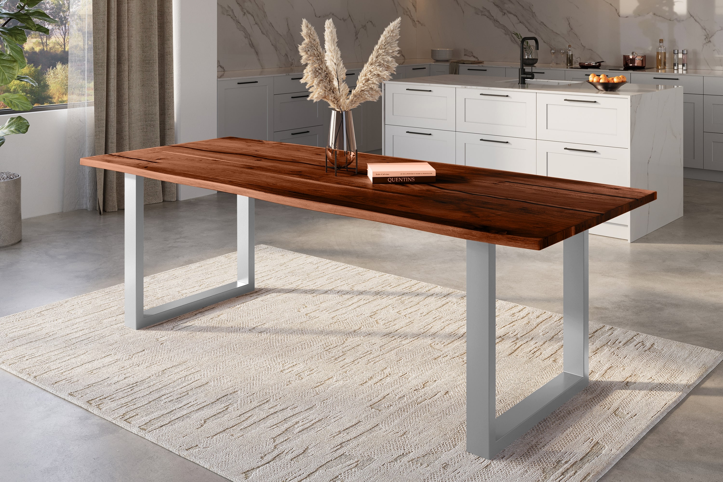 Baumkantentisch Akazie mit schwarzen Resin-Adern nussbaumfarben 300 x 100 cm U-Gestell silber POLLY