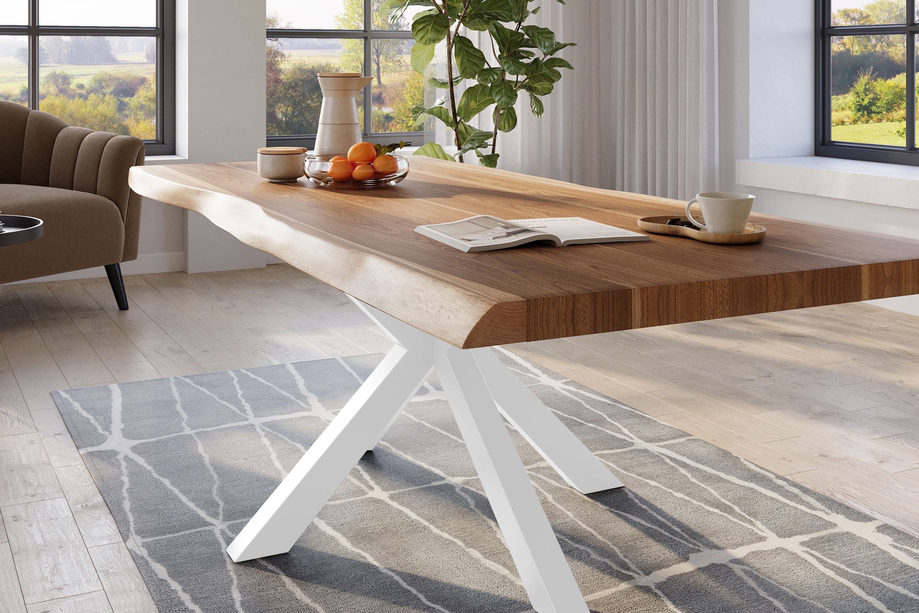 Esstisch Baumkante massiv Akazie natur 200 x 110 Spider-Gestell Metall weiß TITAN