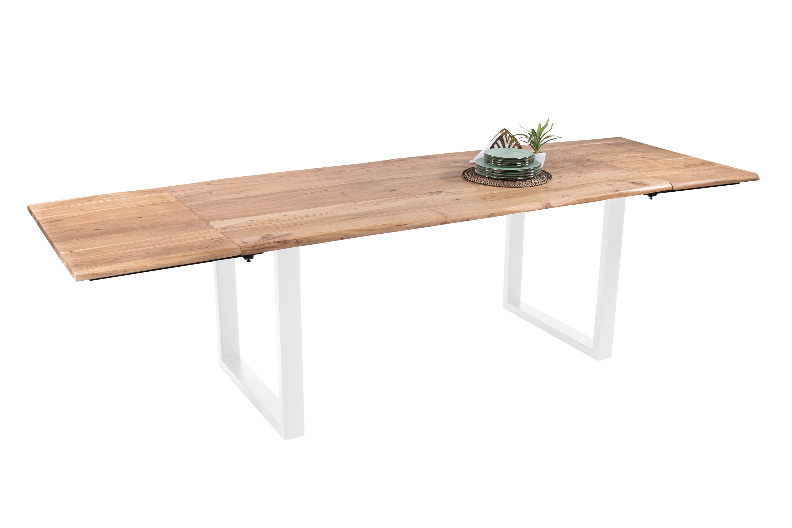 Esstisch Baumkante Akazie natur 180(280)x90 Ansteckplatten U-Gestell weiß AVINO