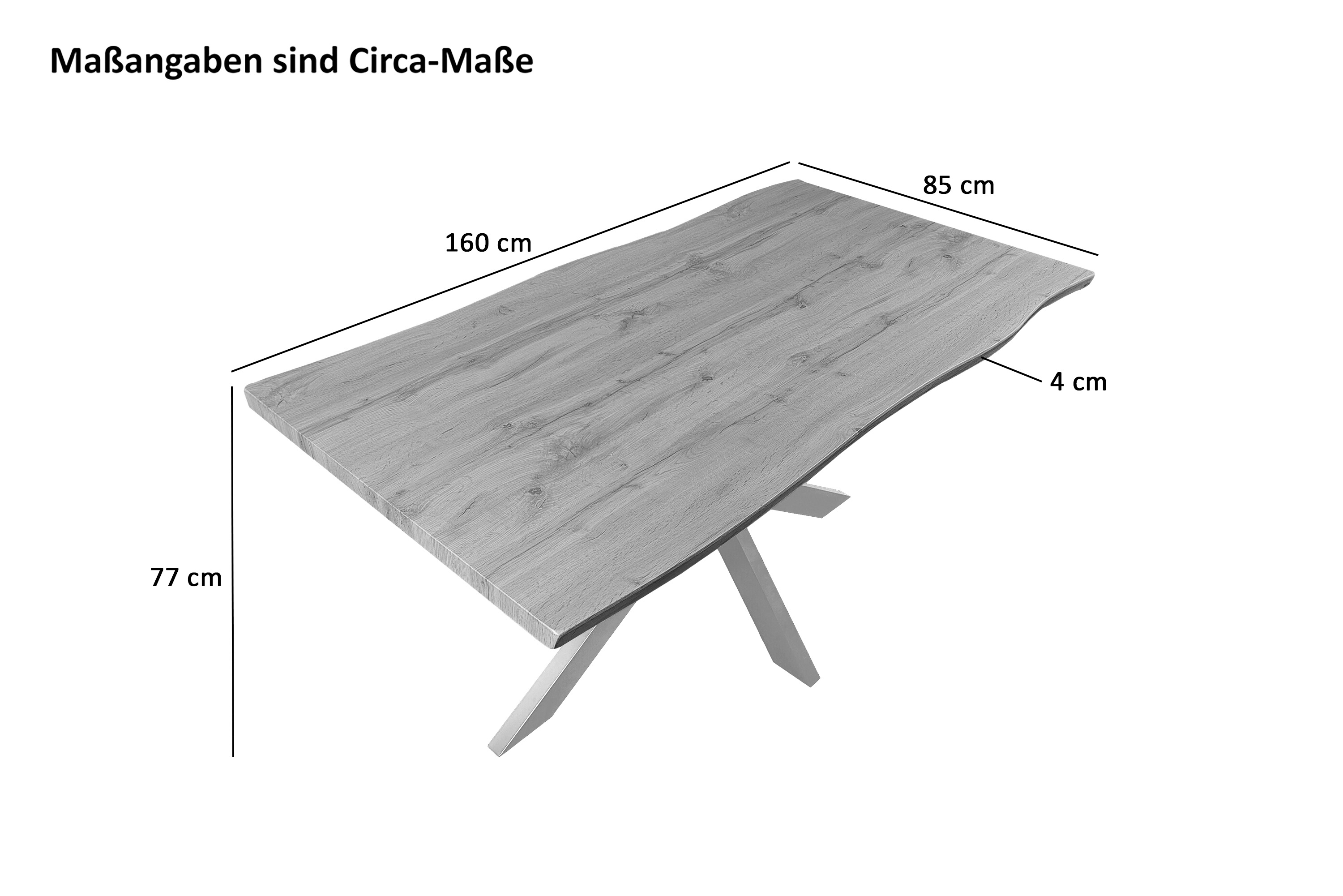 Esstisch Baumkante Holz-Optik Wildeiche 160 x 85 Spider-Gestell weiß JOSY