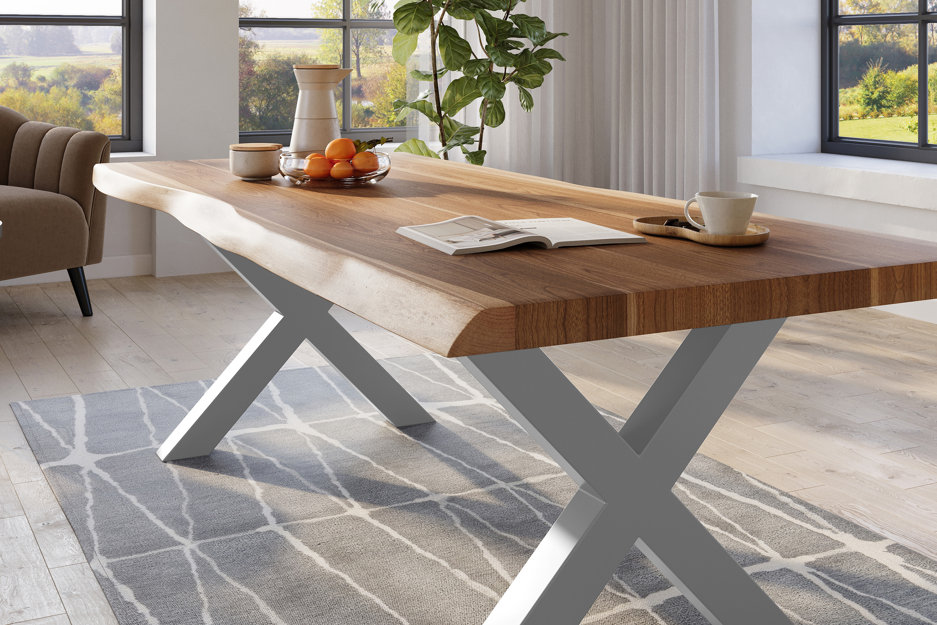 Esstisch Baumkante massiv Akazie natur 240 x 120 X-Gestell Metall silber TITAN