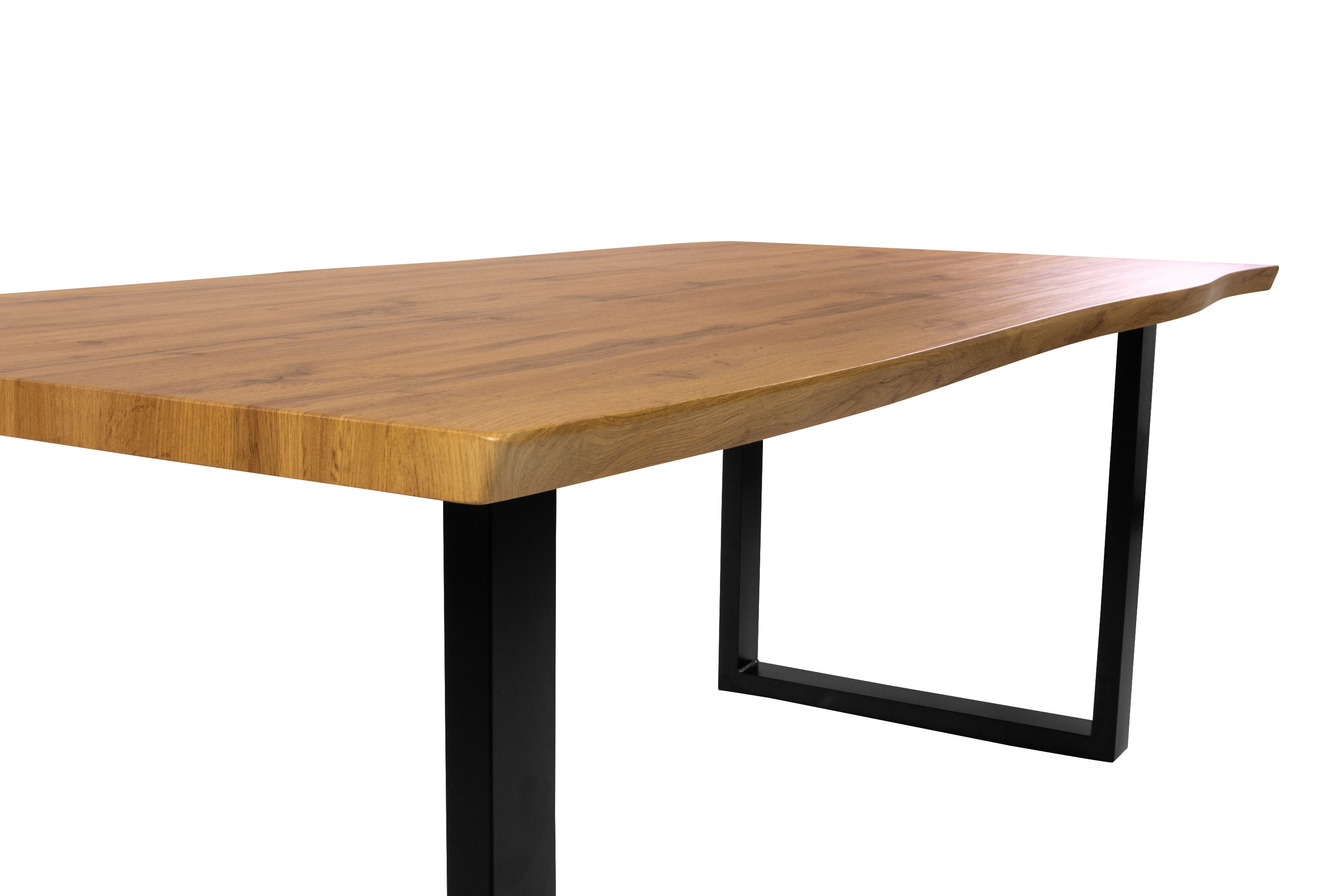 Essgruppe Baumkante massiv 220 x 100 cm Holz Wildeiche-Optik U-Gestell schwarz & 6 Stühle weiß JOSY