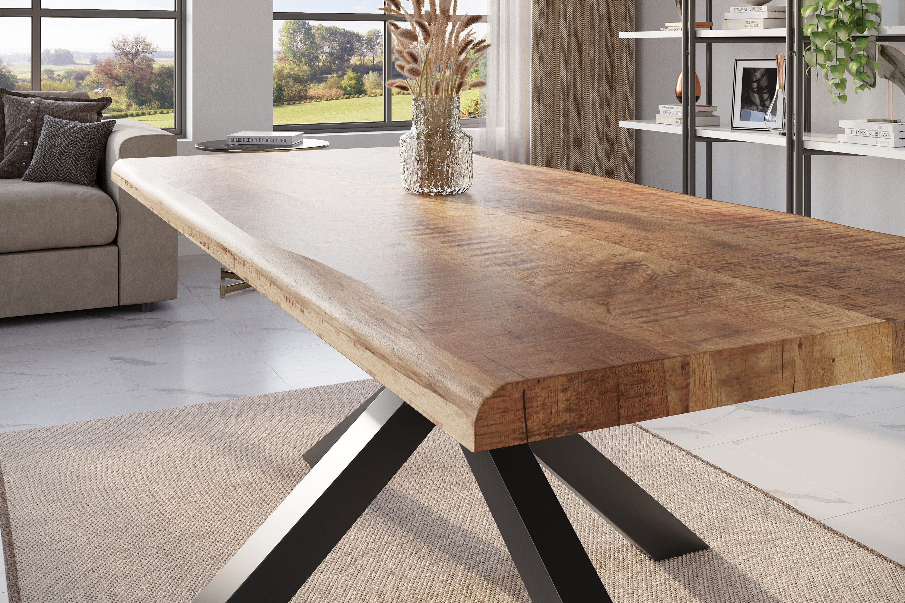 Esstisch Baumkante massiv Mango rough 180 x 90 Spider-Gestell schwarz ATLAS