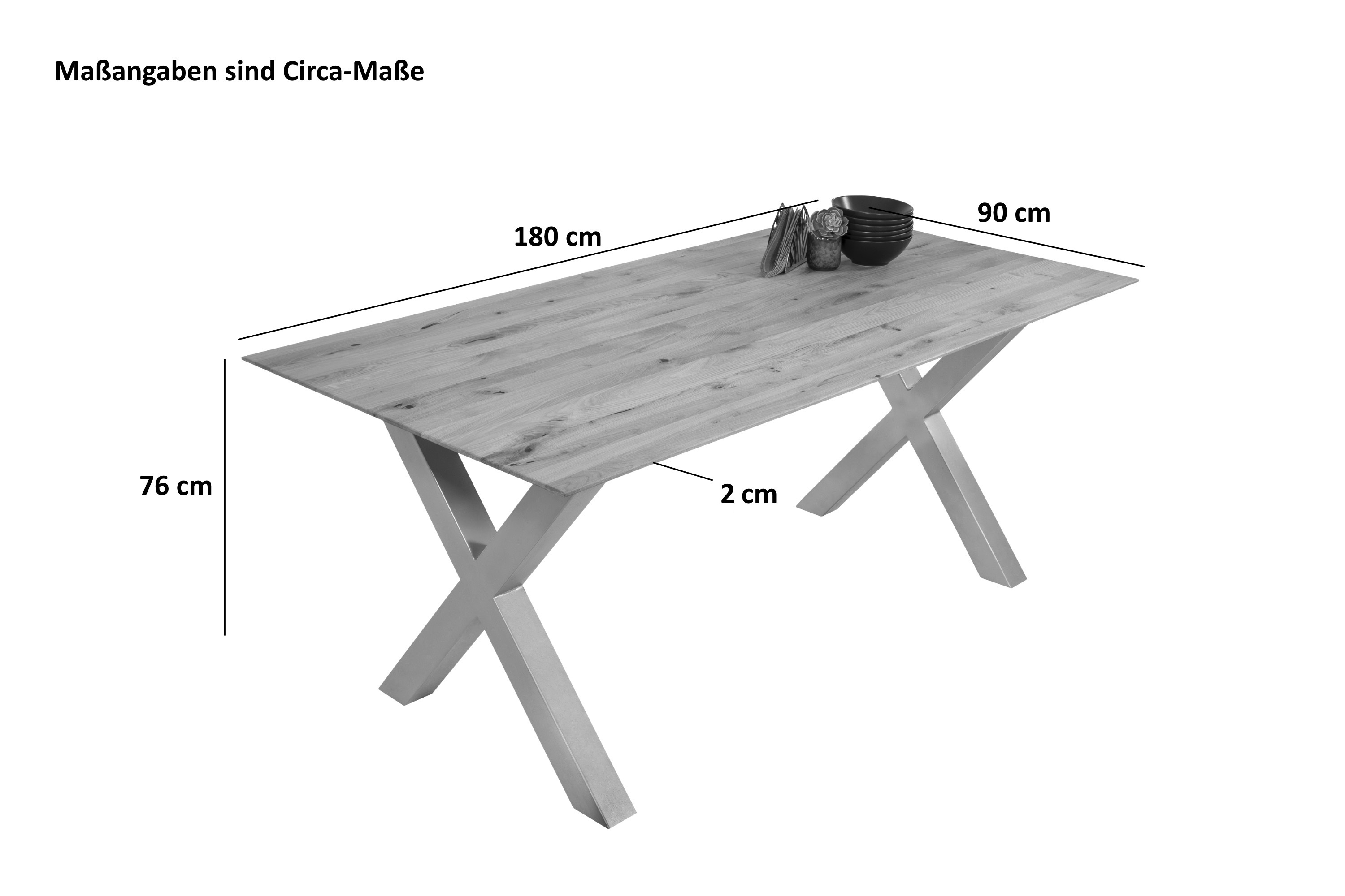 Esszimmertisch Schweizer Kante eckig massiv & geölt Eiche 180x90 schwarz X-Gestell Lotte