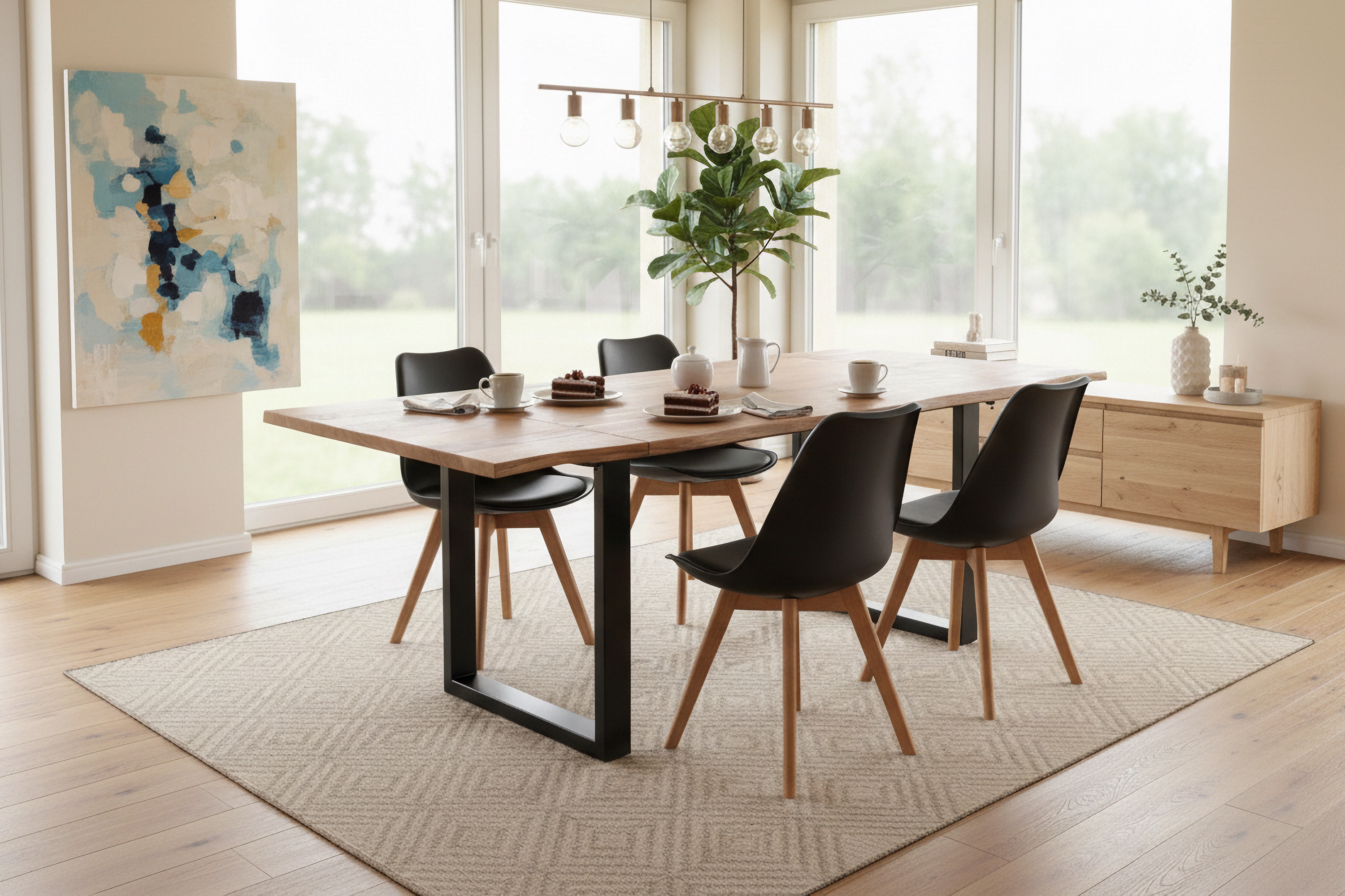 Esstisch Baumkante Akazie natur 140(220)x90 Ansteckplatten U-Gestell schwarz AVINO