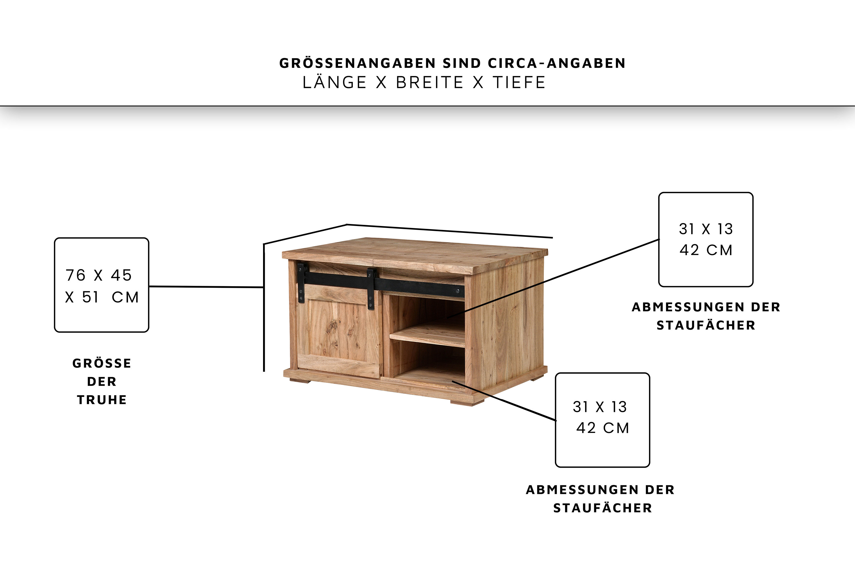 Truhen-Couchtisch 76 x 51 x 45 cm Akazienholz massiv naturfarben ohne Baumkante LIAN 1