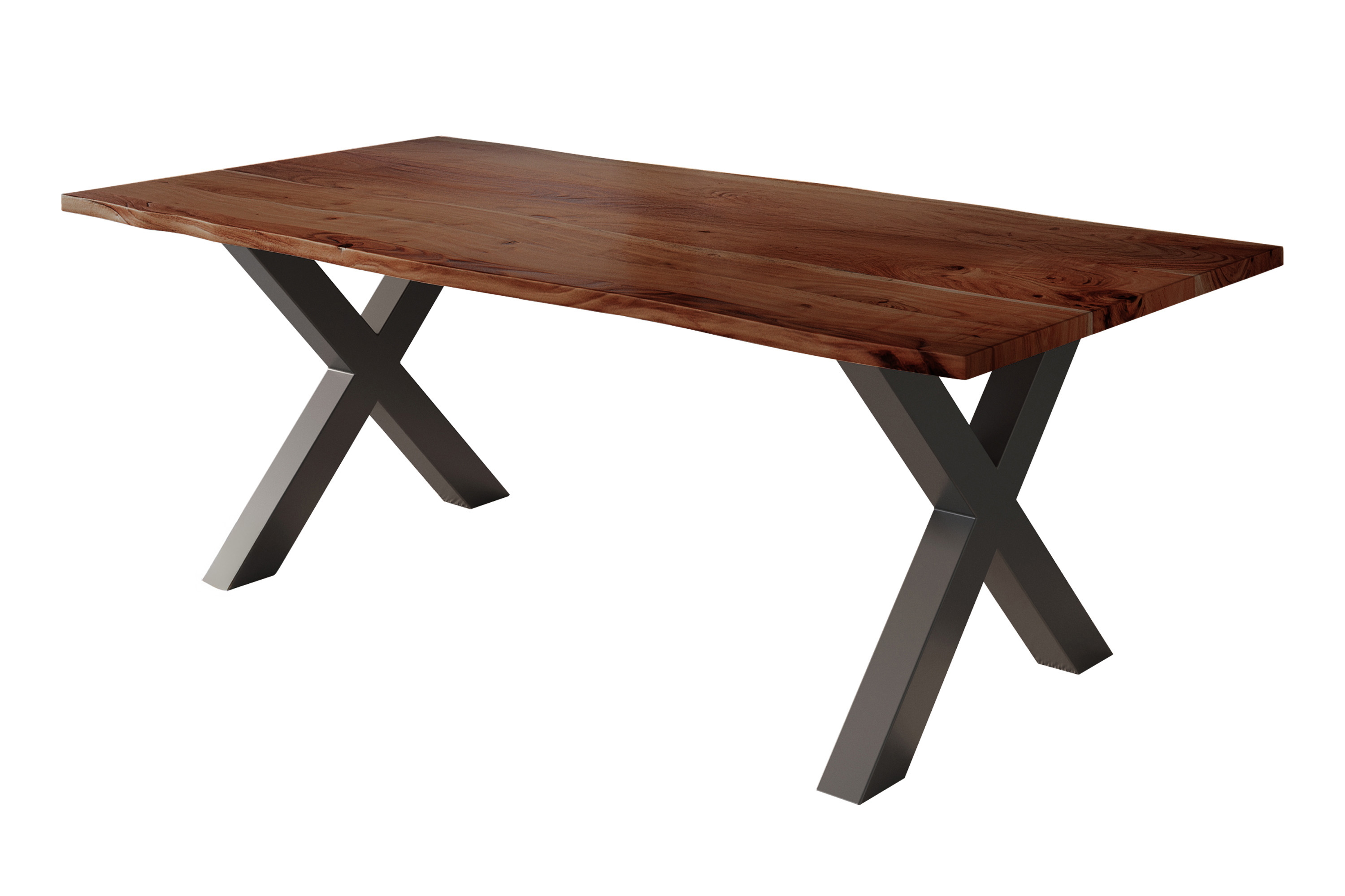 Esstisch Baumkante massiv Akazie nussbaum 180 x 90 schwarz X-Gestell NICK