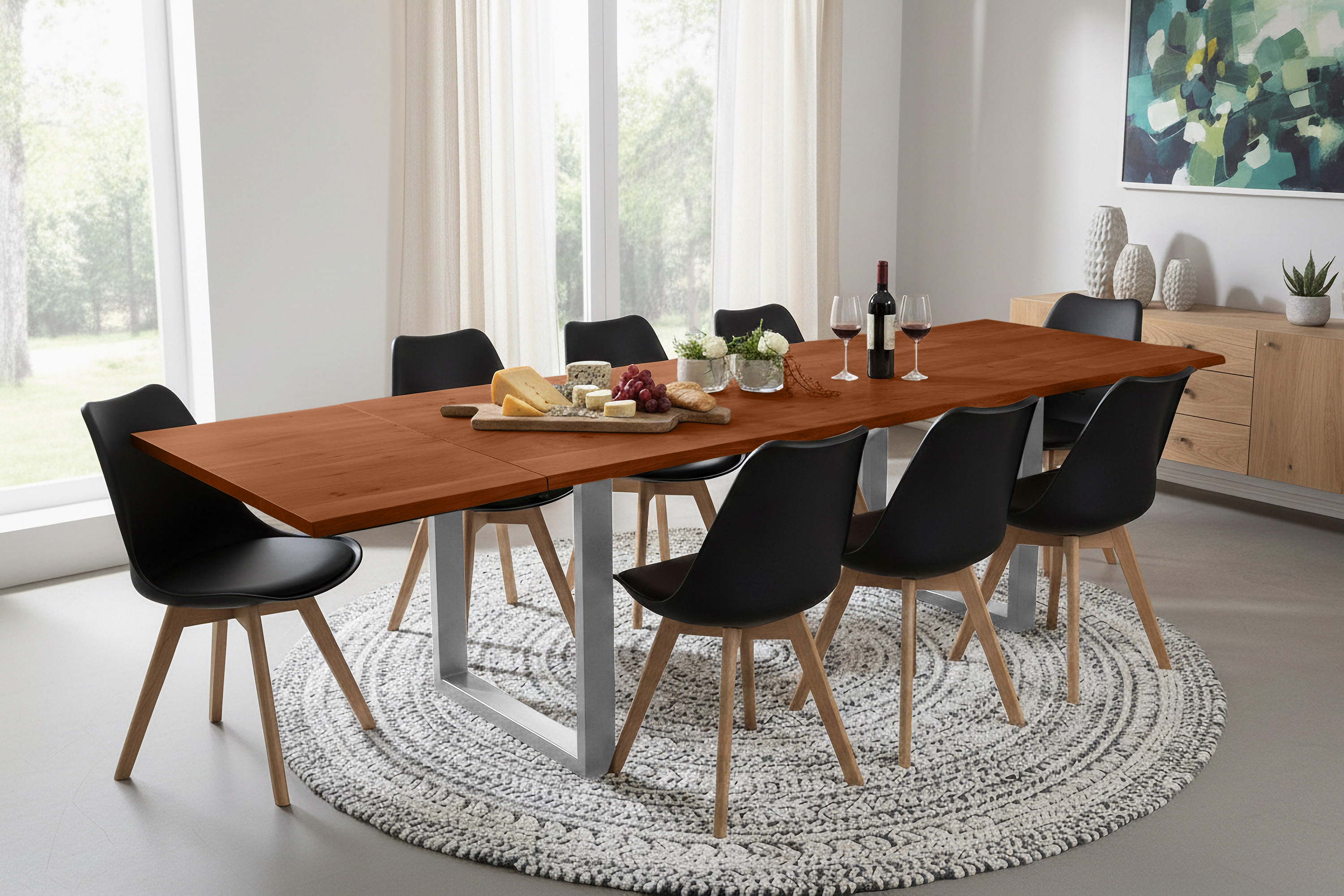 Esstisch Baumkante Akazie nuss 180(280)x90 Ansteckplatten U-Gestell silber AVINO