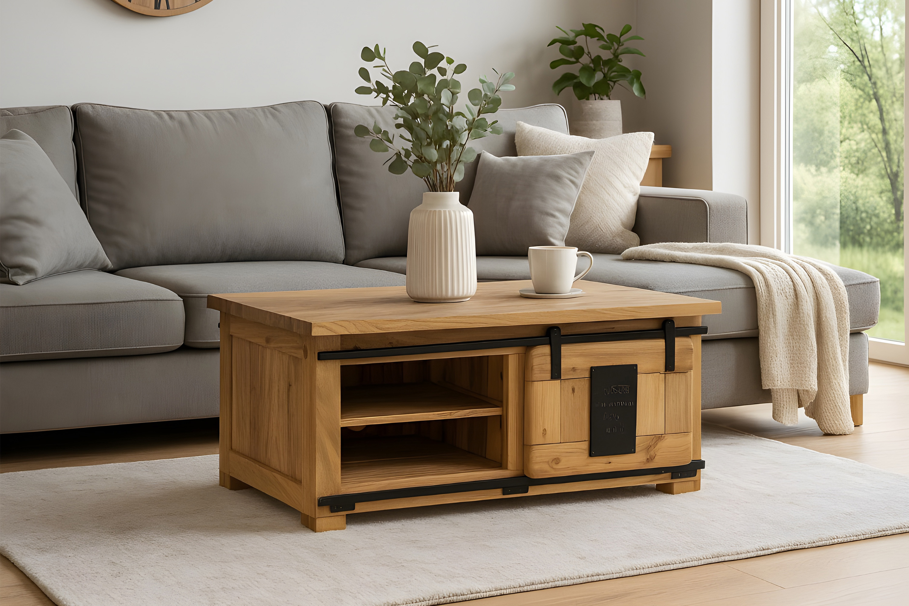 Couchtisch mit Schiebetür und 3 Fächern Akazie massiv 110 x 45 x 70 cm natur LIBRO