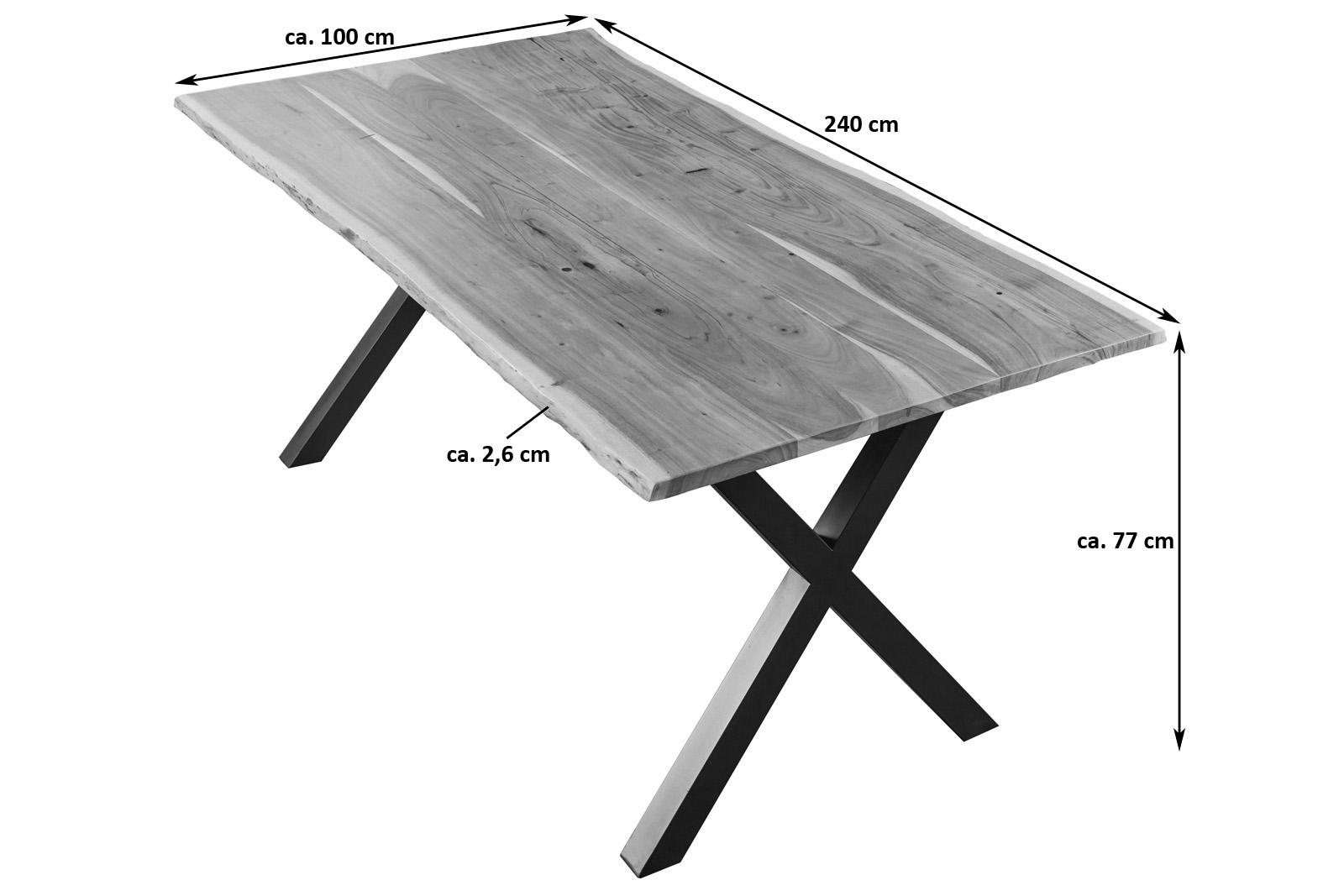  Esstisch Baumkante massiv Akazie nuss 240 x 100 X-Gestell silber XANTEN