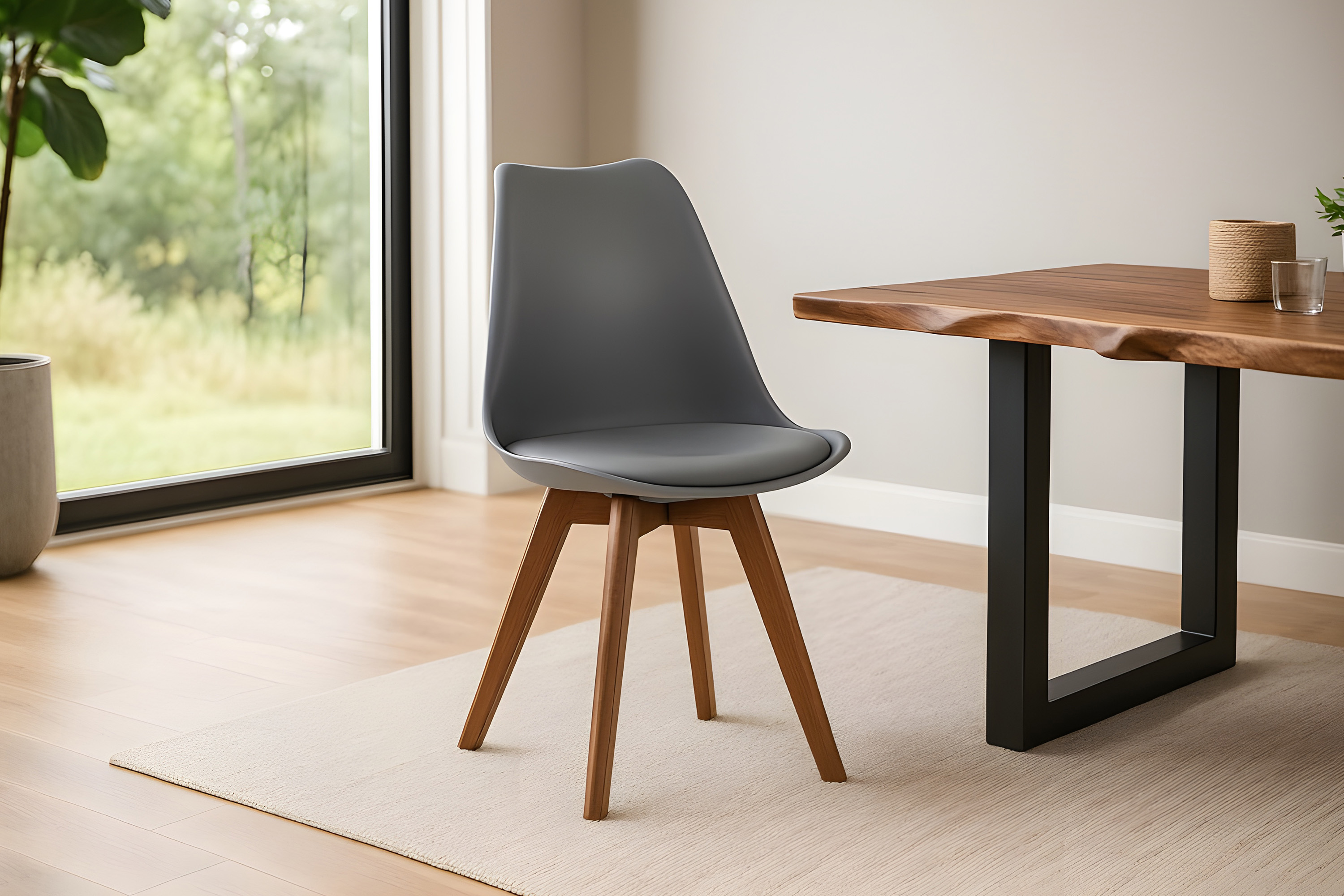 Esszimmer Schalenstuhl & Polster Kunstleder grau Stuhlbein Massivholz nussbaumfarben LOVELACE