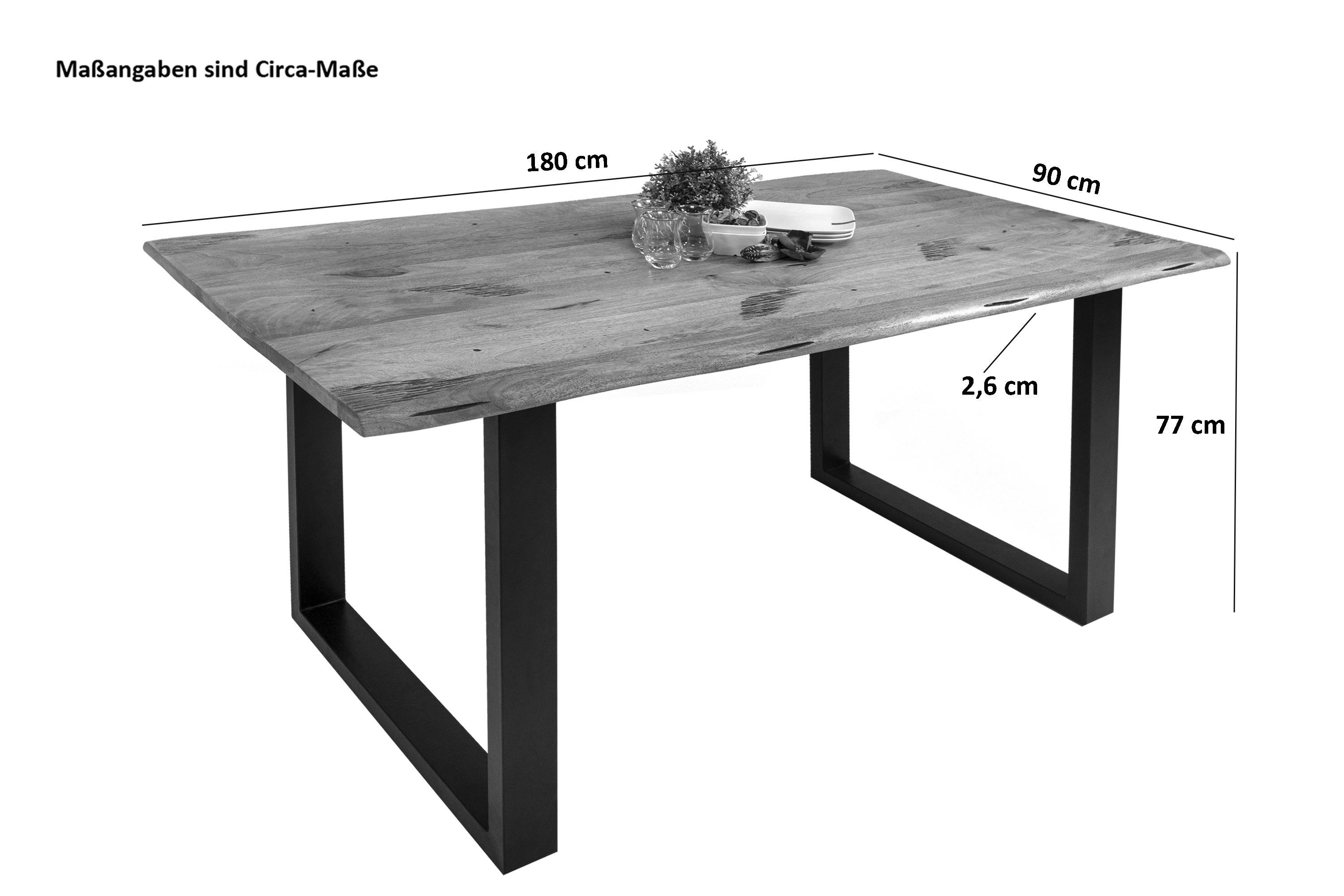 Esstisch Baumkante Massiv Mango naturfarben 180 x 90 schwarz U-Gestell Tiger