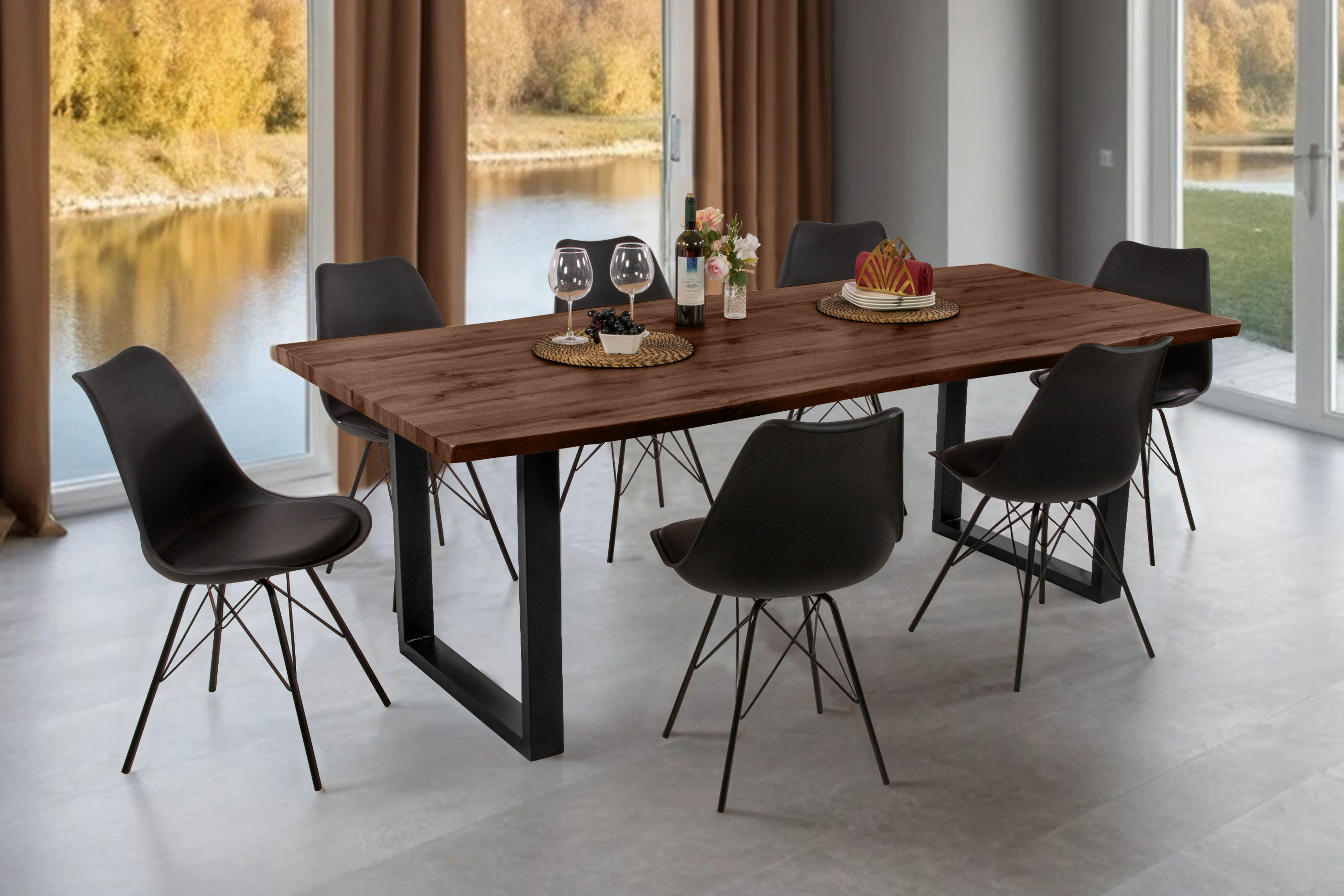 Esstisch Baumkante Holz-Optik Nussbaum 220 x 100 U-Gestell schwarz JOSY