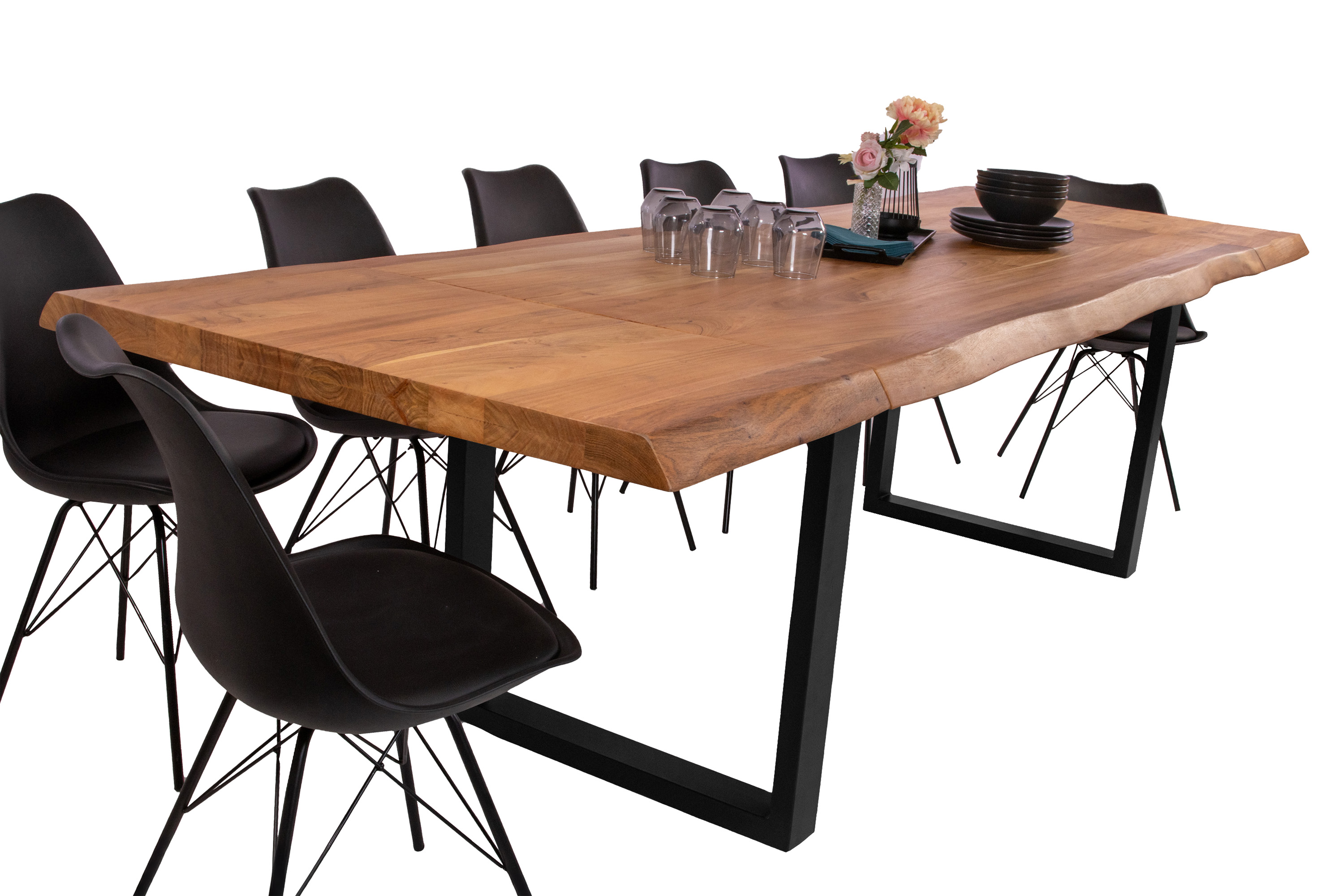 Esstisch Baumkante Akazie natur 220 (320) x 100 U-Gestell schwarz mit Ansteckplatten CALI