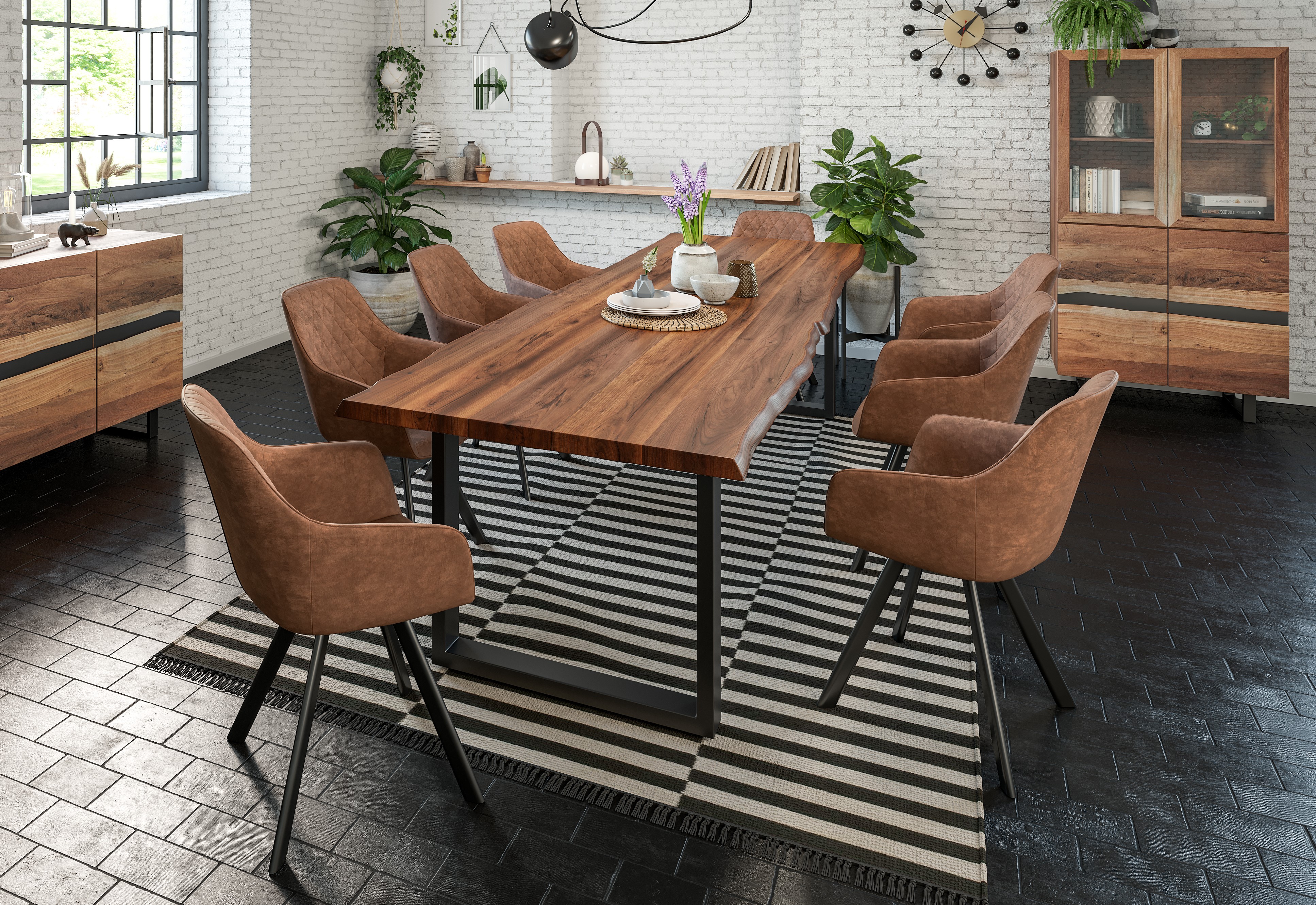  Esstisch Baumkante massiv Akazie nussbaum 300 x 100 schwarz LIAM