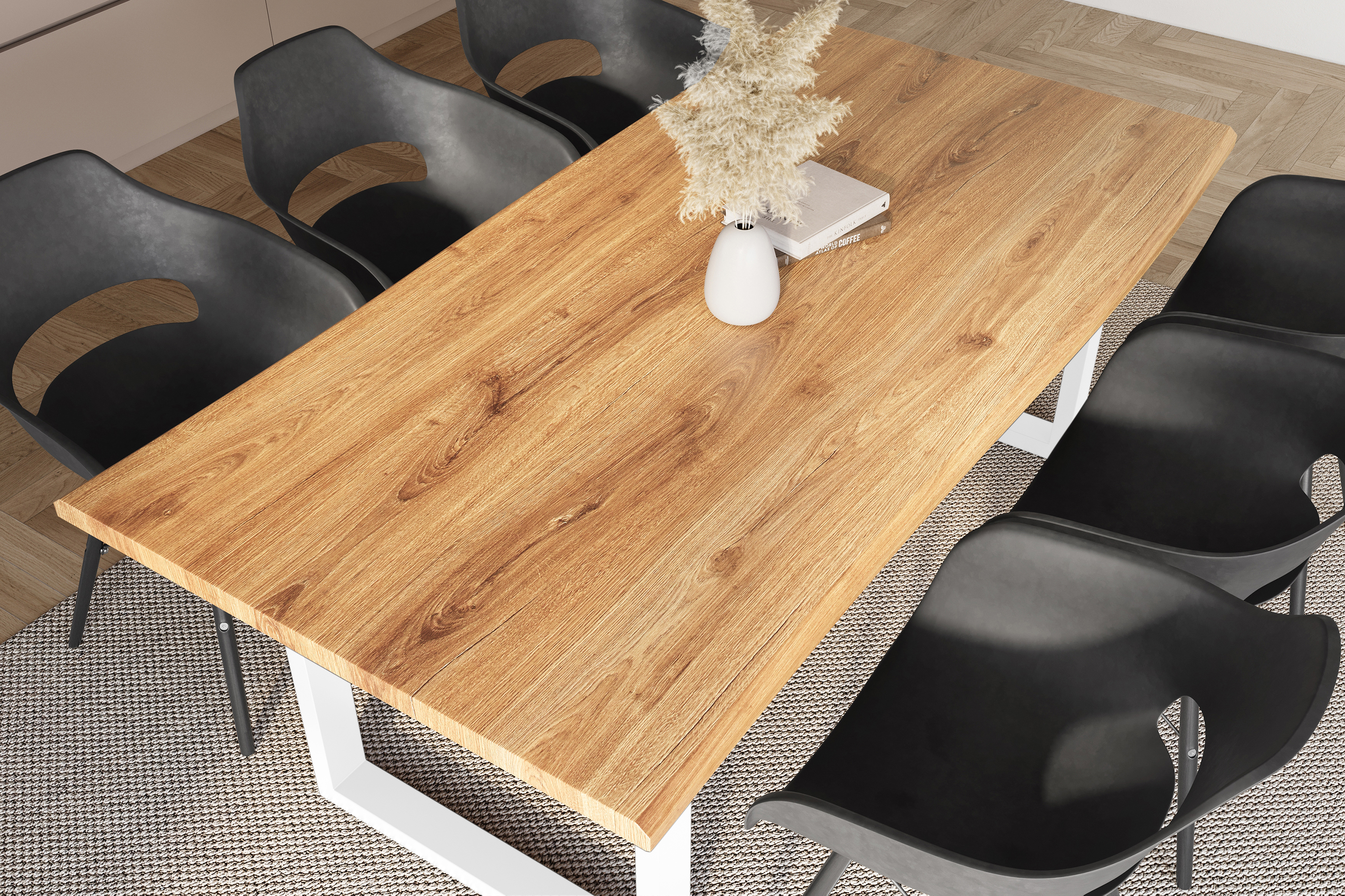 Esstisch Baumkante Holz-Optik Wildeiche 220 x 100 U-Gestell weiß JULIUS
