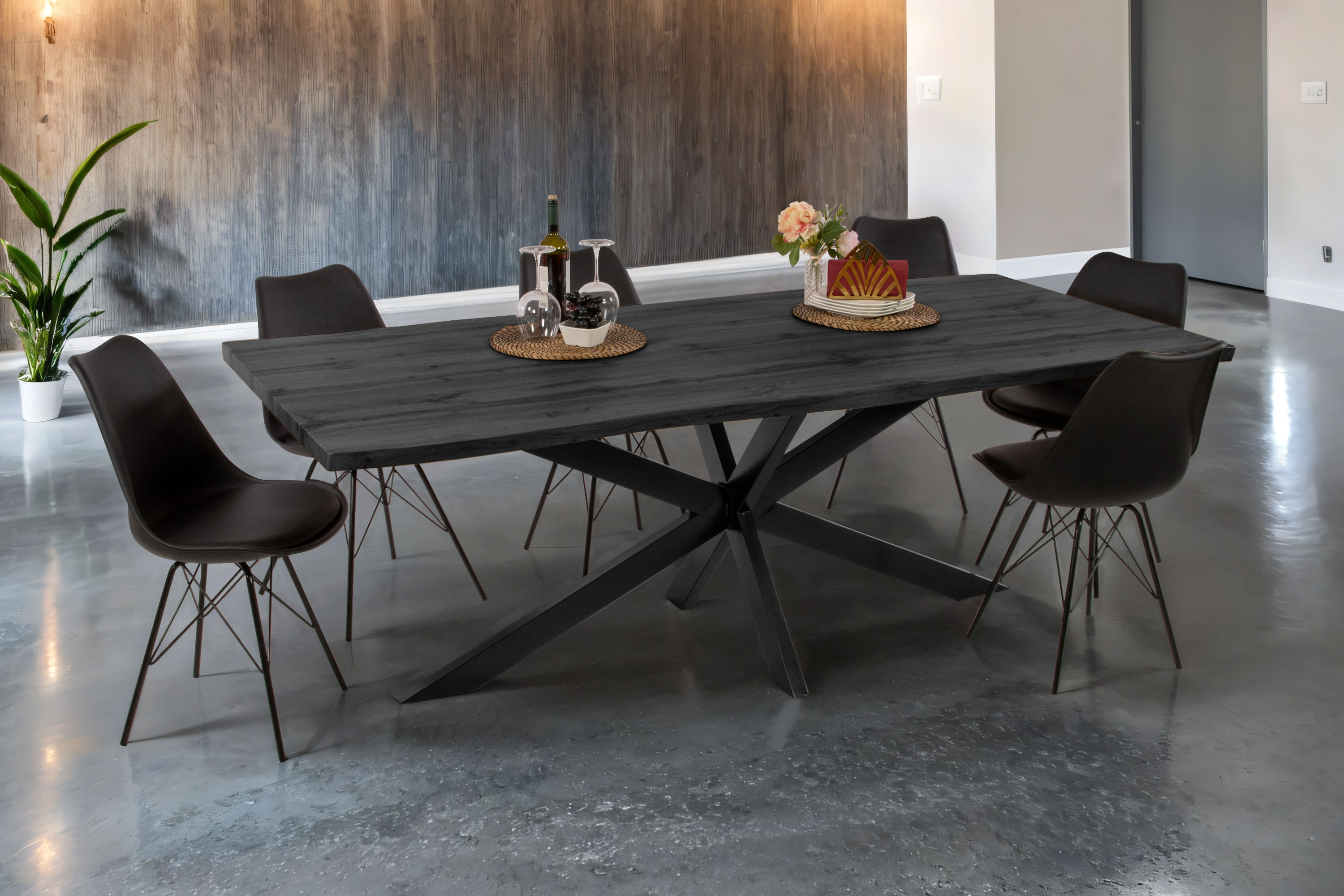 Esstisch Baumkante Holz-Optik Grau 220 x 100 Spider-Gestell schwarz JOSY