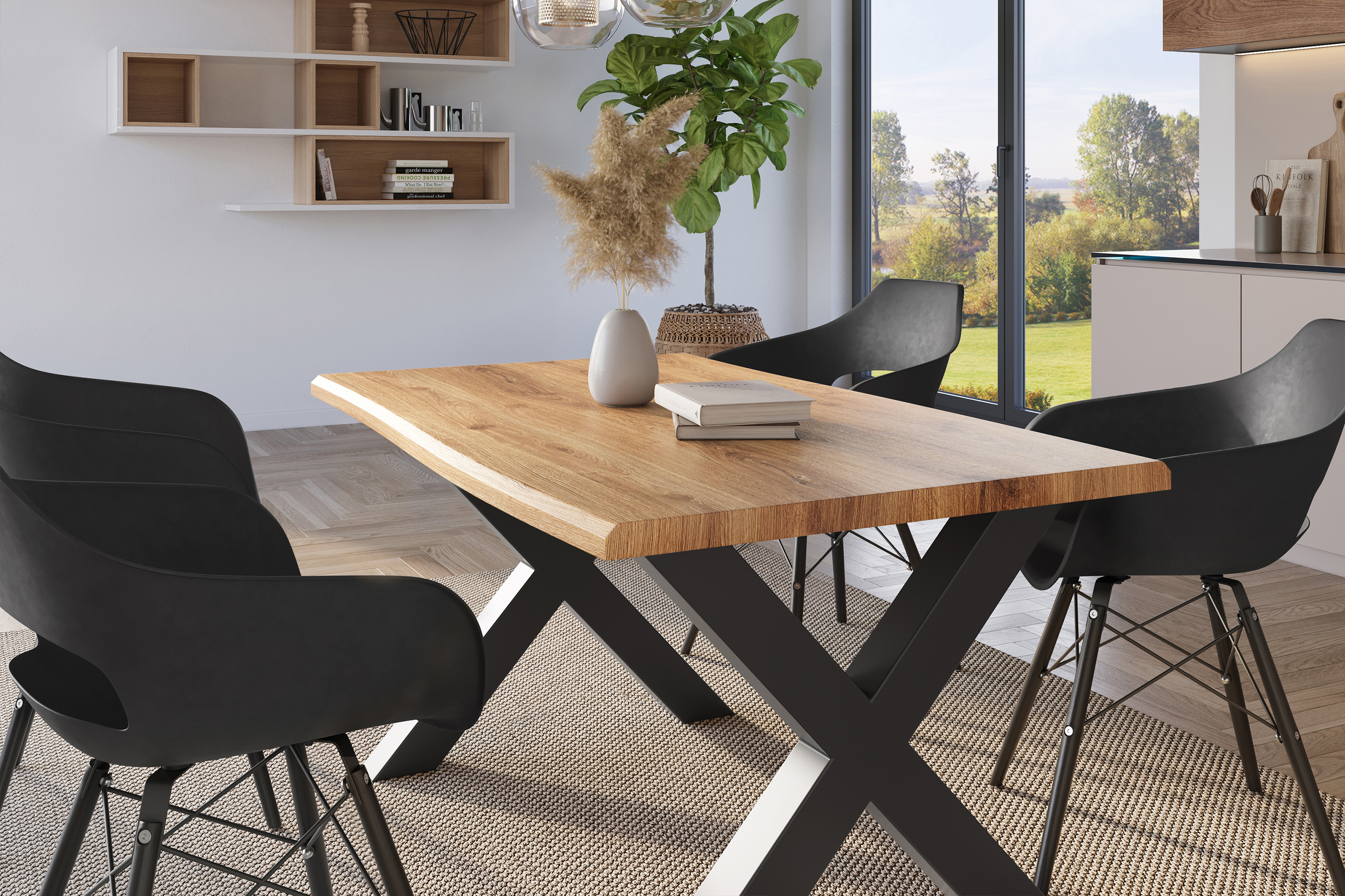 Esstisch Baumkante Holz-Optik Wildeiche 120 x 80 X-Gestell schwarz JULIUS
