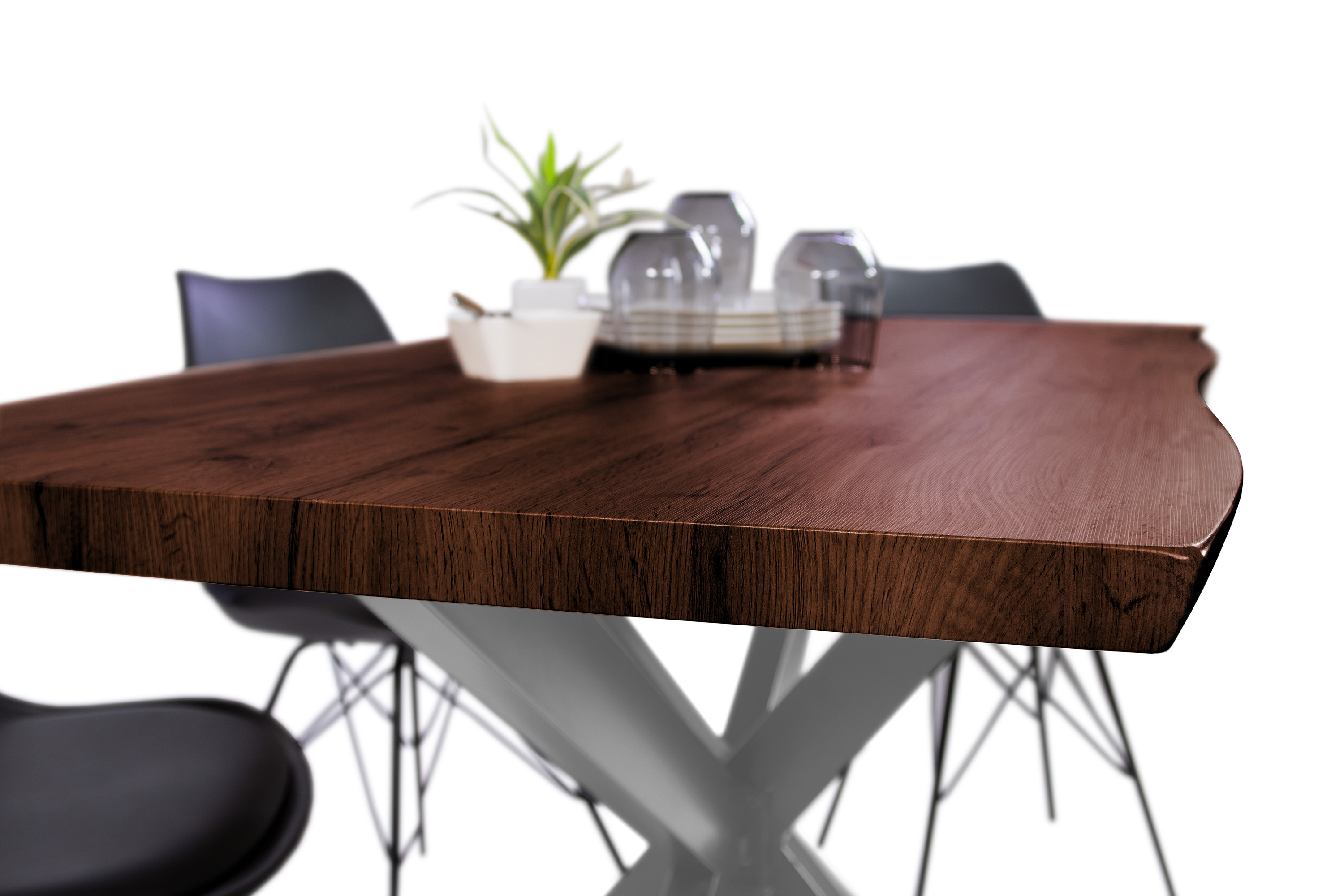 Esstisch Baumkante Holz-Optik Nussbaum 140 x 80 Spider-Gestell silber JOSY