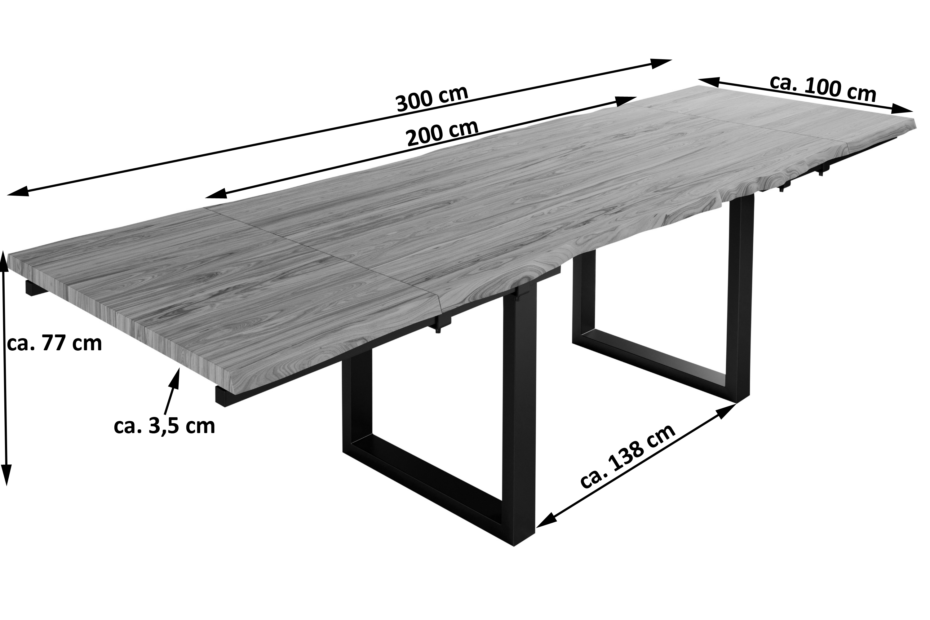 Esstisch Baumkante Akazie stone 200 (300) x 100 mit Ansteckplatten BARCELONA