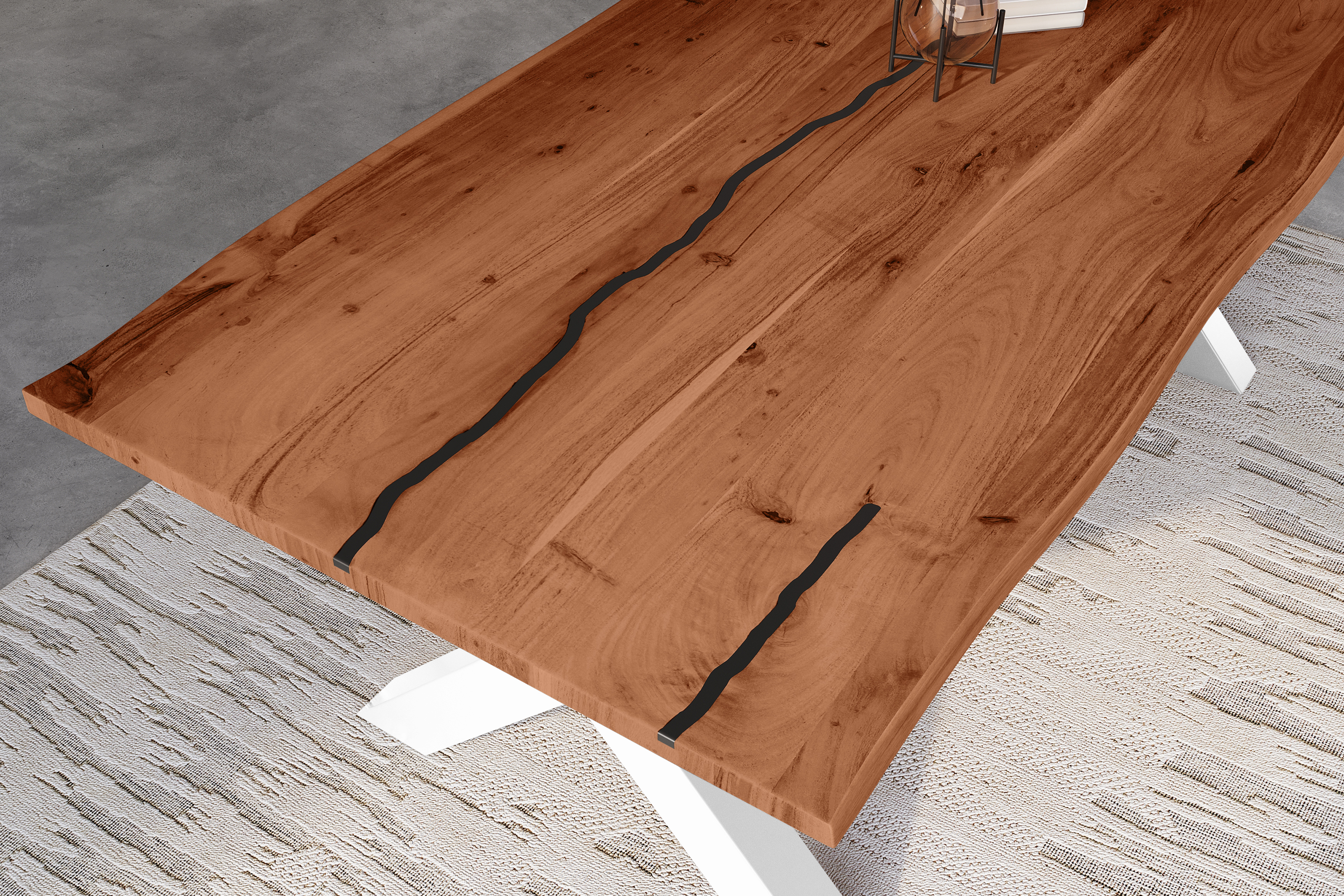 Baumkantentisch Akazie mit schwarzen Resin-Adern nussbaumfarben 200 x 100 cm X-Gestell weiß POLLY