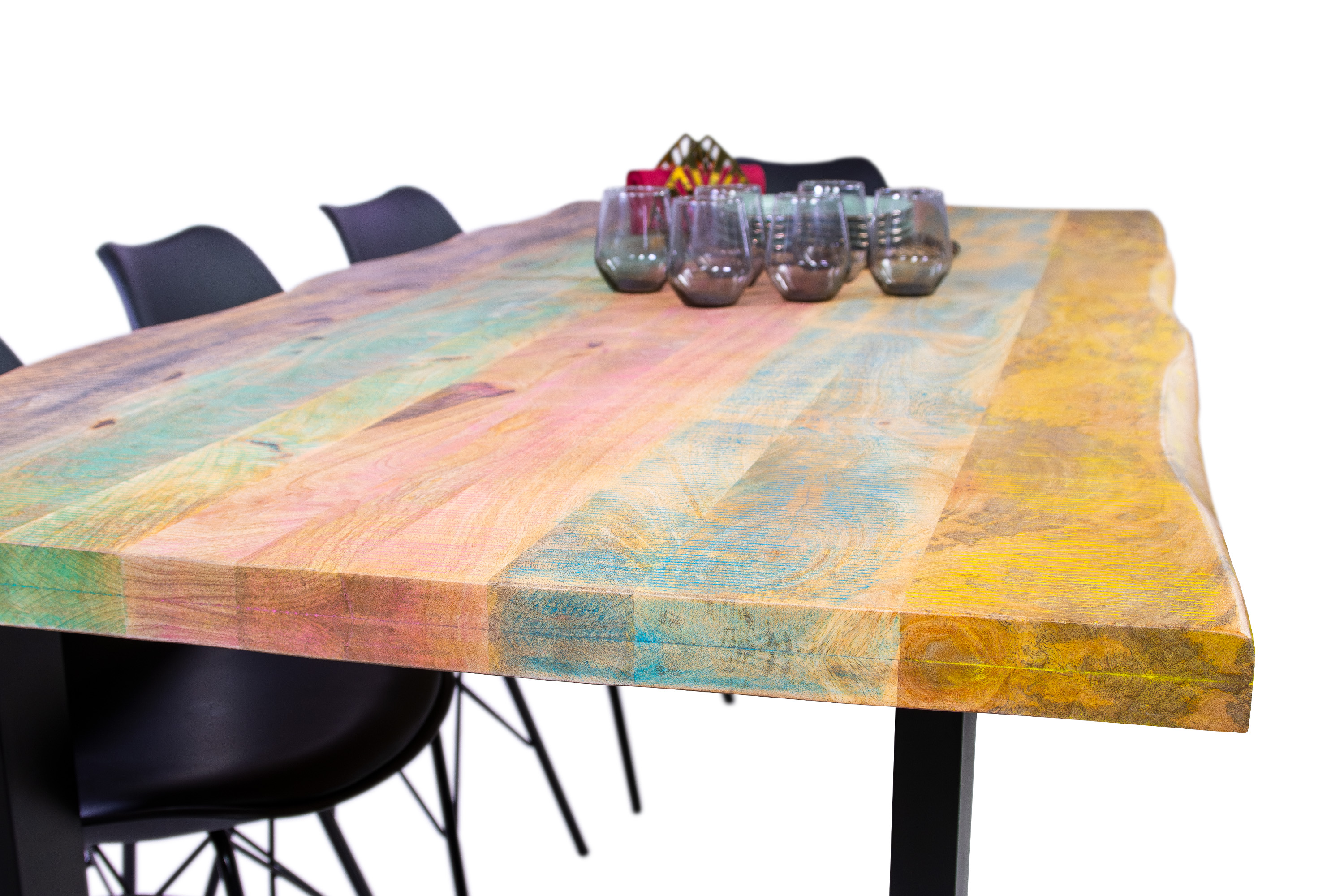 Esstisch Baumkante 160 x 85 cm Mango massiv Bunt U-Gestell Schwarz LIBRO