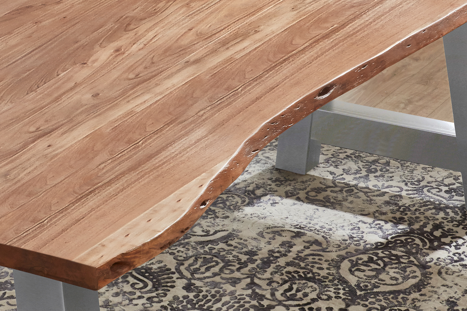  Esstisch Baumkante massiv Akazie Natur 160 x 85 A-Gestell silber ATHEN