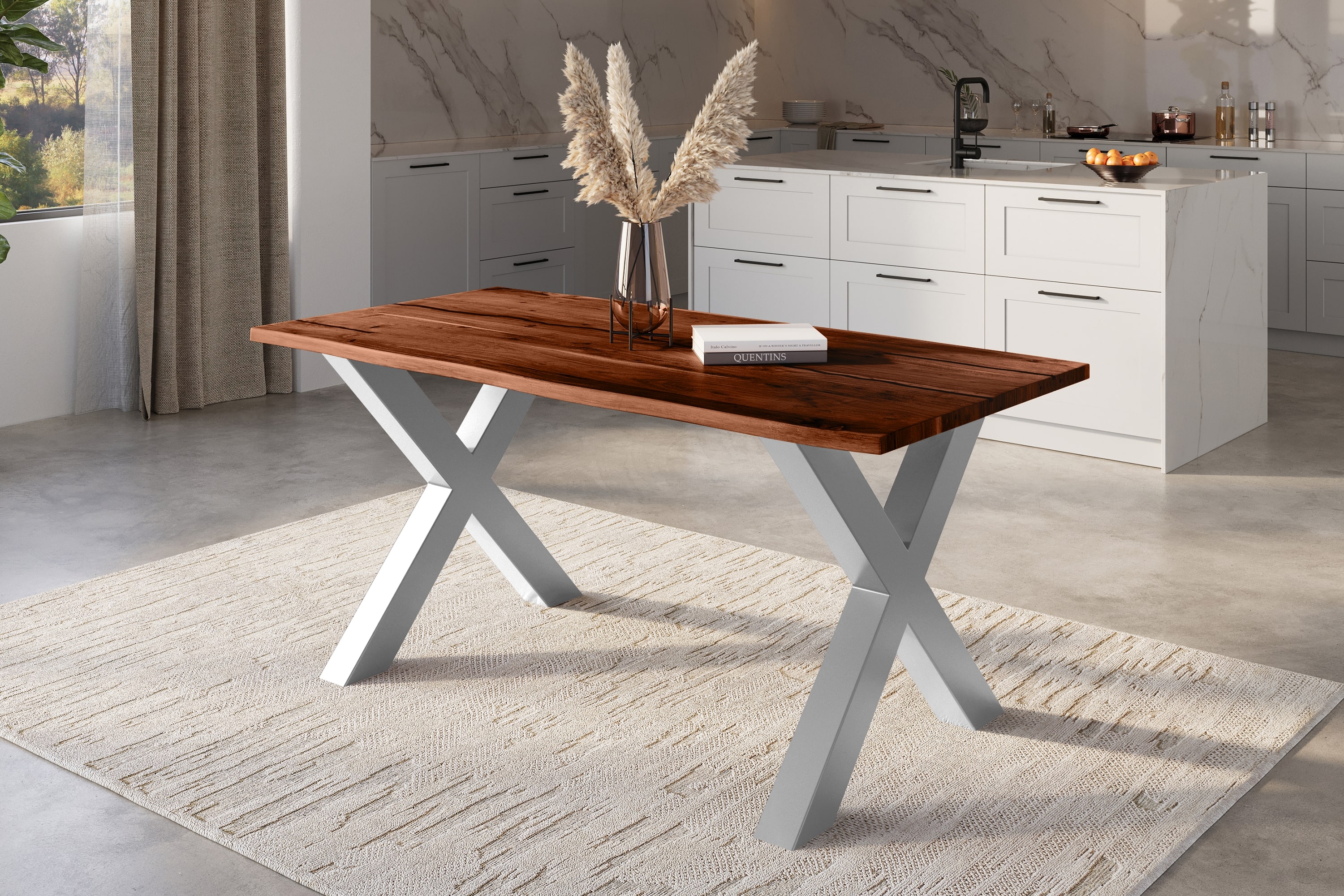 Baumkantentisch Akazie mit schwarzen Resin-Adern nussbaumfarben 180 x 90 cm X-Gestell silber POLLY