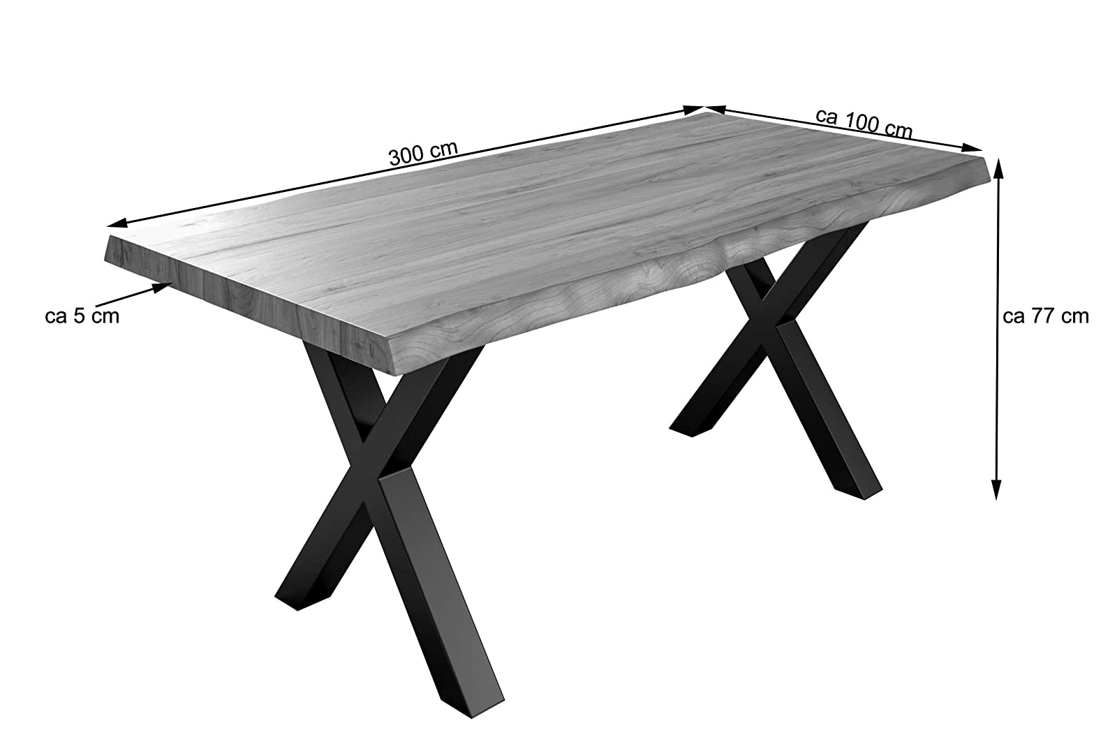  Esstisch Baumkante massiv Akazie natur 300 x 100 silber X-Gestell XEREZ