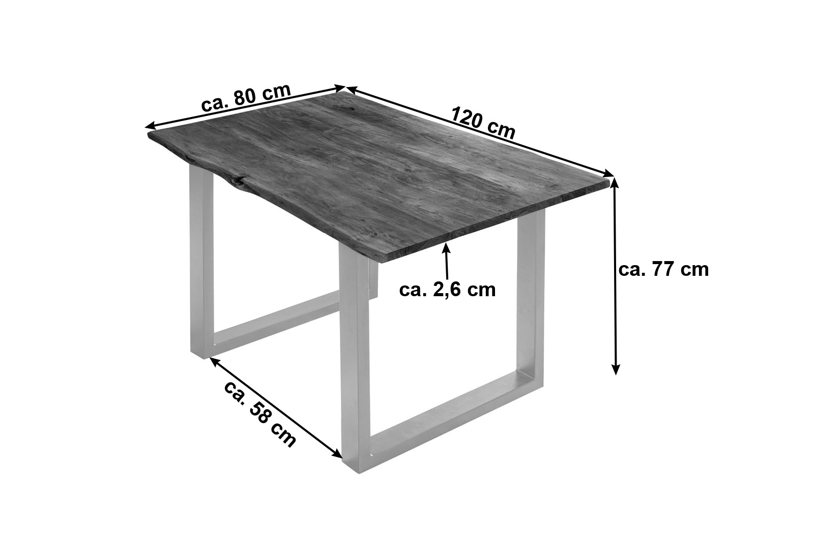 Esstisch Baumkante massiv Akazie nussbaumfarben 120 x 80 cm silber U-Gestell BILLY Esstisch Baumkante massiv Akazie nussbaumfarben 120 x 80 cm silber U-Gestell BILLY