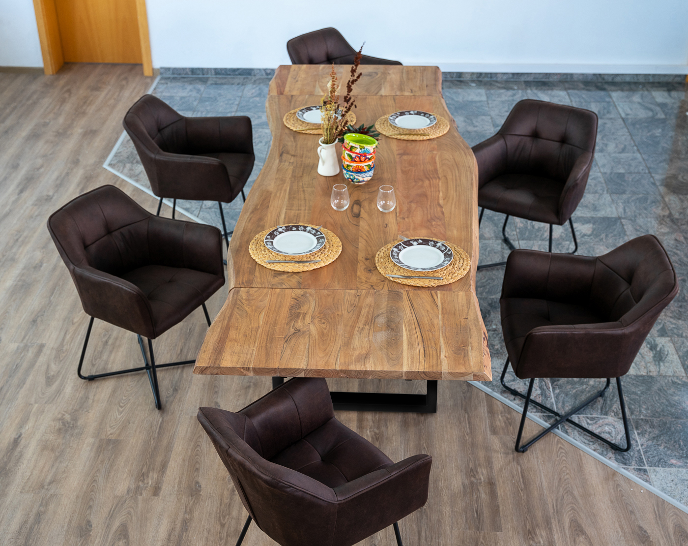 Esstisch Baumkante Akazie stone 200 (300) x 100 mit Ansteckplatten BARCELONA