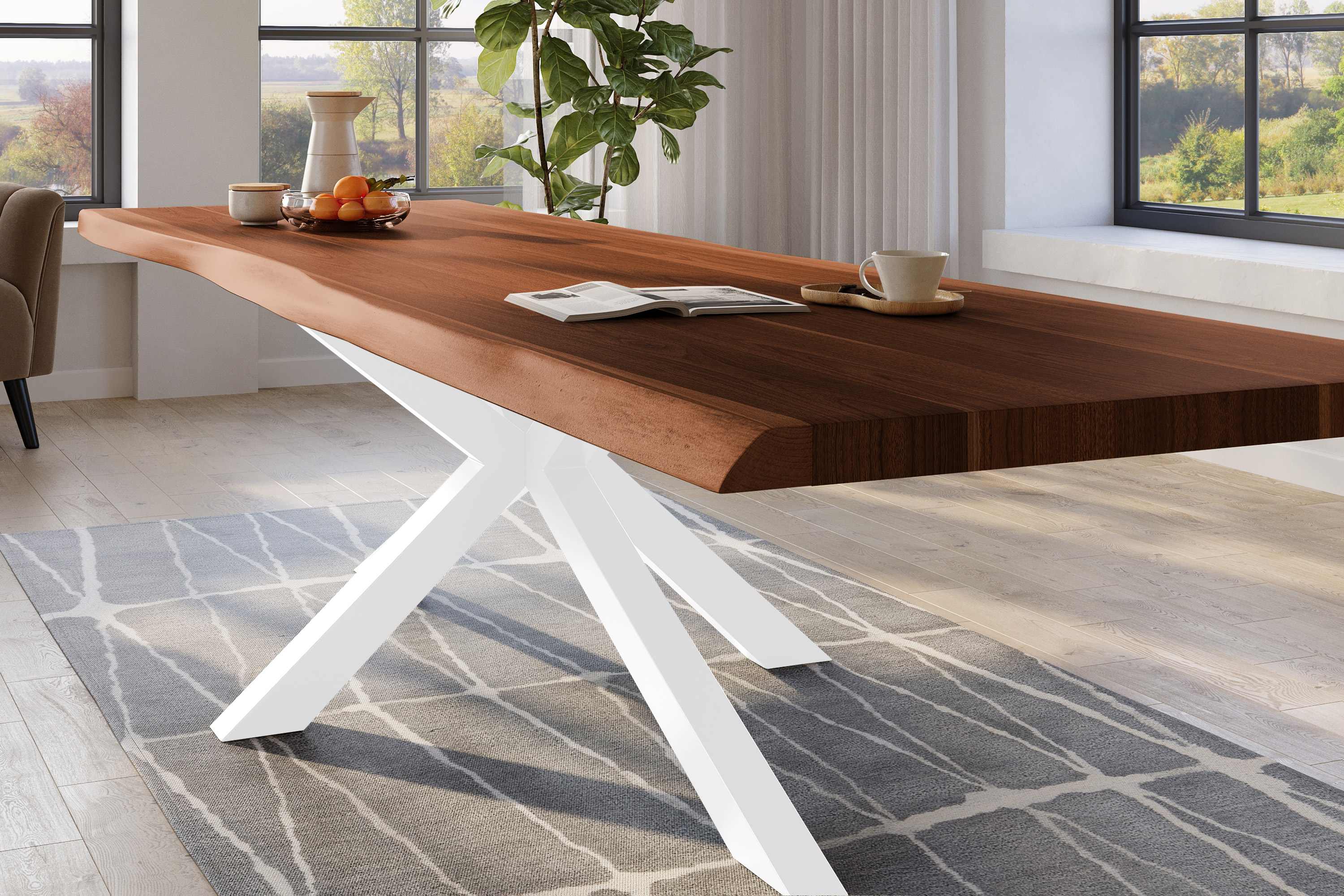 Esstisch Baumkante massiv Akazie nussbaumfarben 300 x 110 Spider-Gestell Metall weiß TITAN