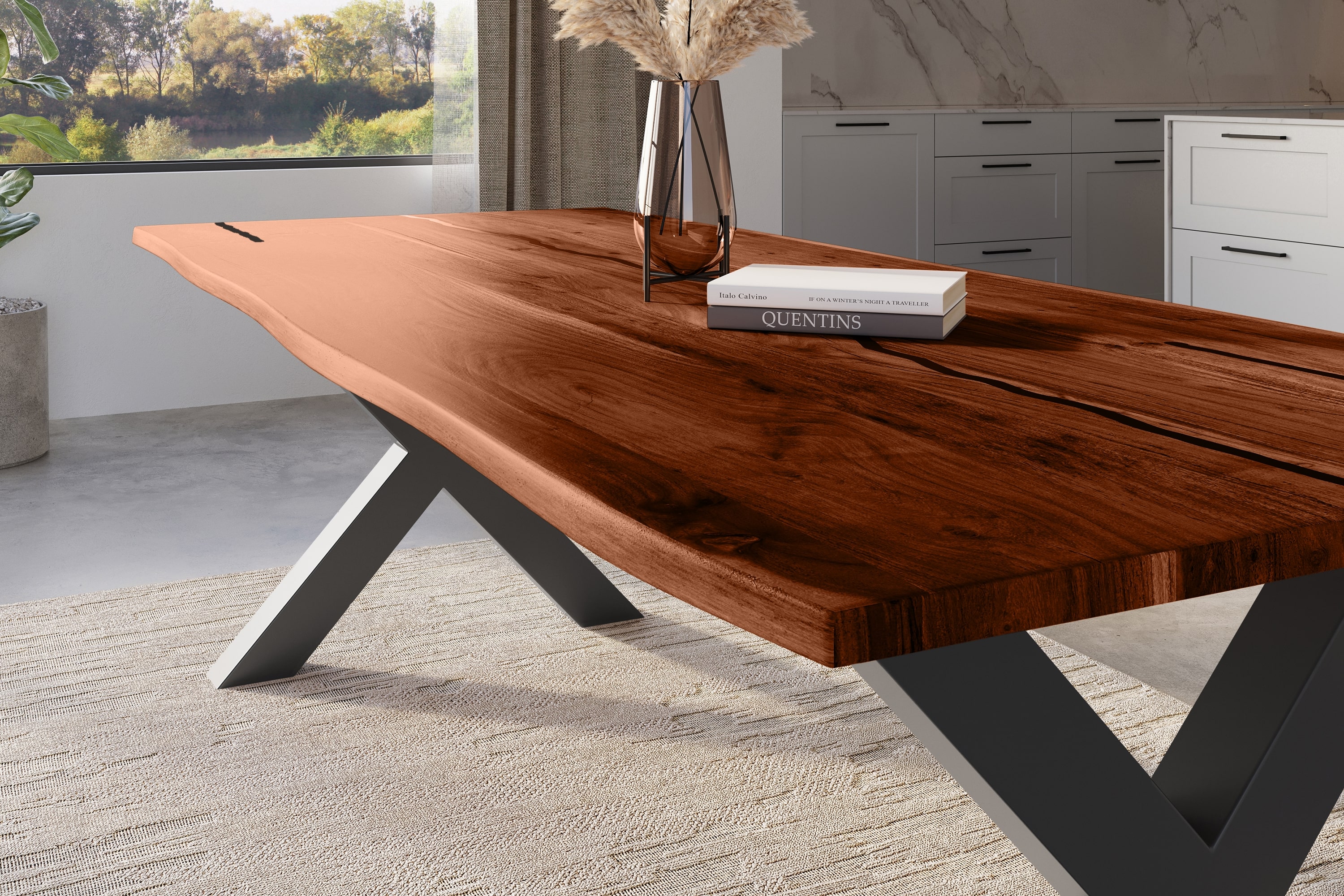 Baumkantentisch Akazie mit schwarzen Resin-Adern nussbaumfarben 280 x 100 cm X-Gestell schwarz POLLY