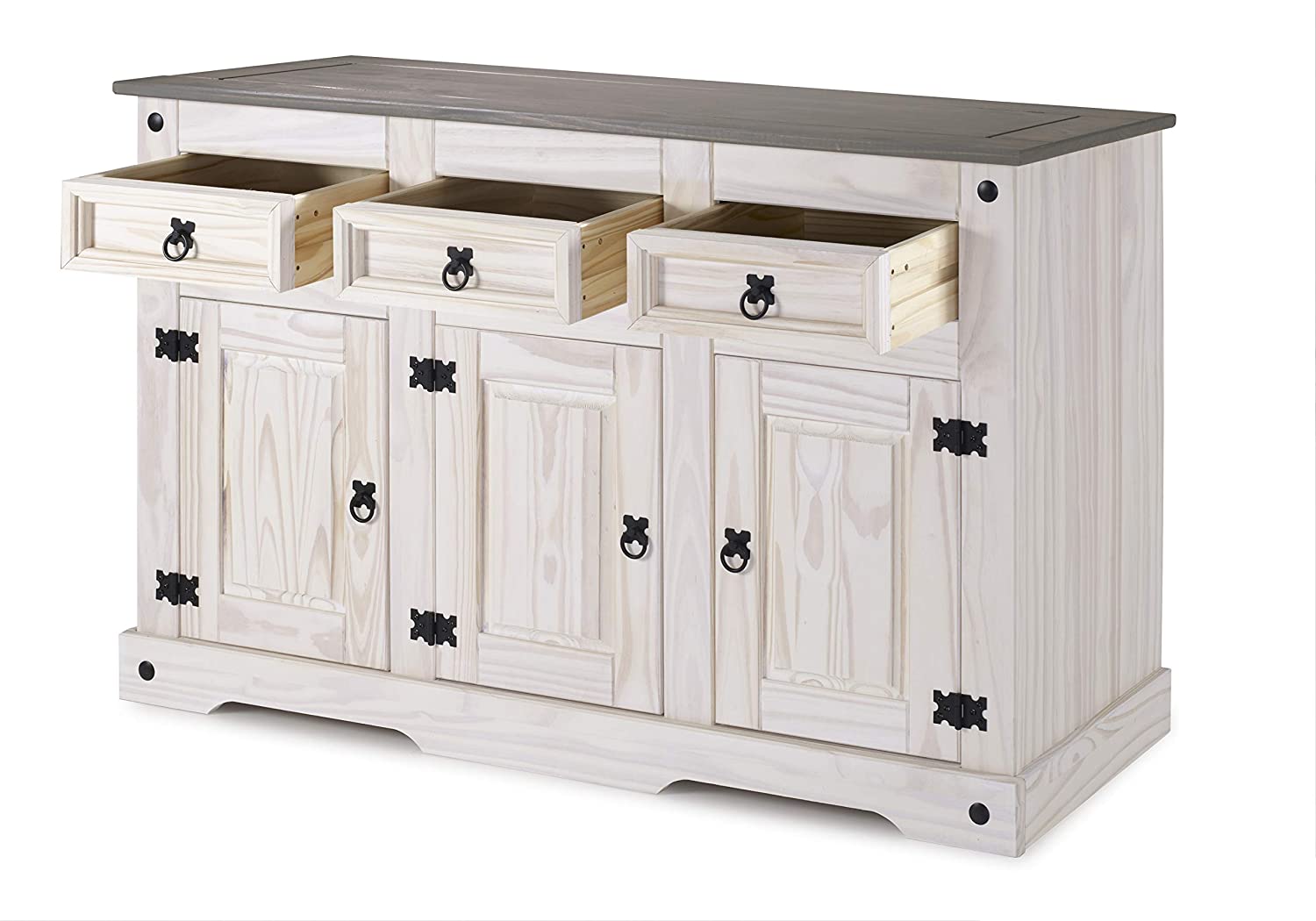  Sideboard Kommode 132 x 84 x 44 cm Pinienholz weiß grau lasiert MEXICO