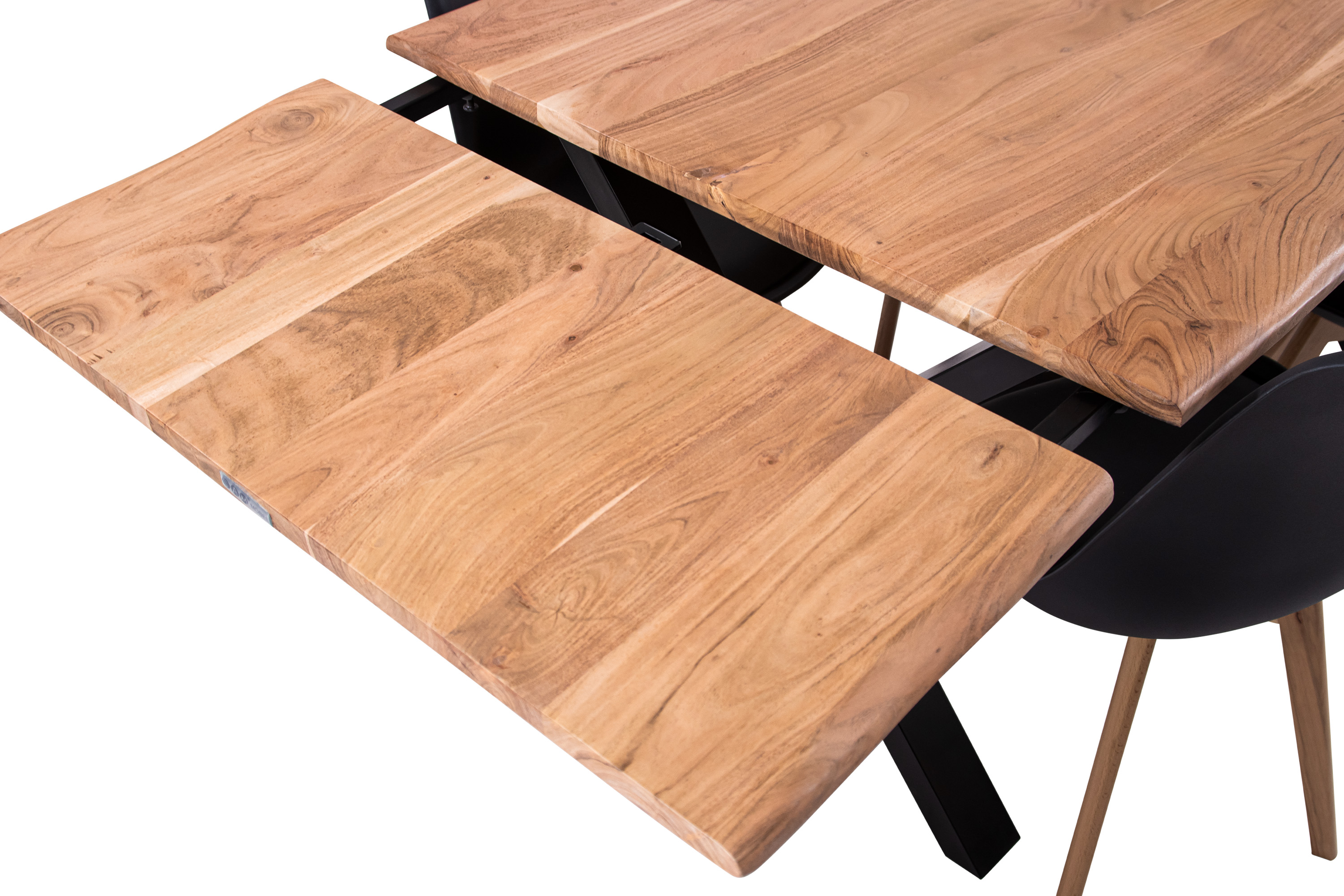 Esstisch Baumkante Akazie natur 180(280)x90 Ansteckplatten X-Gestell schwarz AVINO