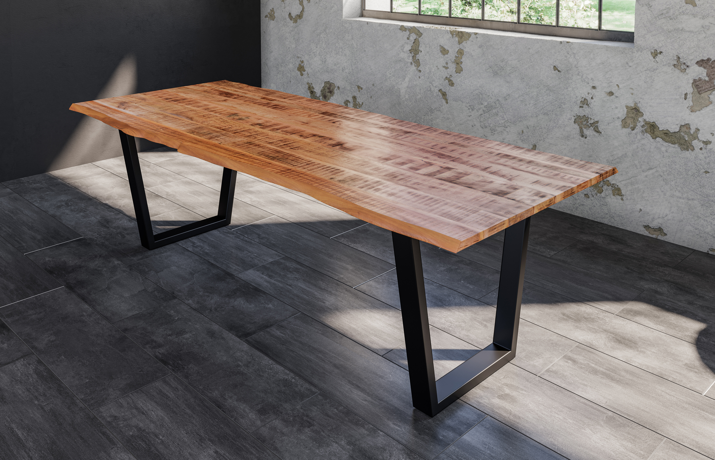 Essgruppe 220 cm Mango naturfarben V-Gestell schwarz mit 6 Stühlen DORA