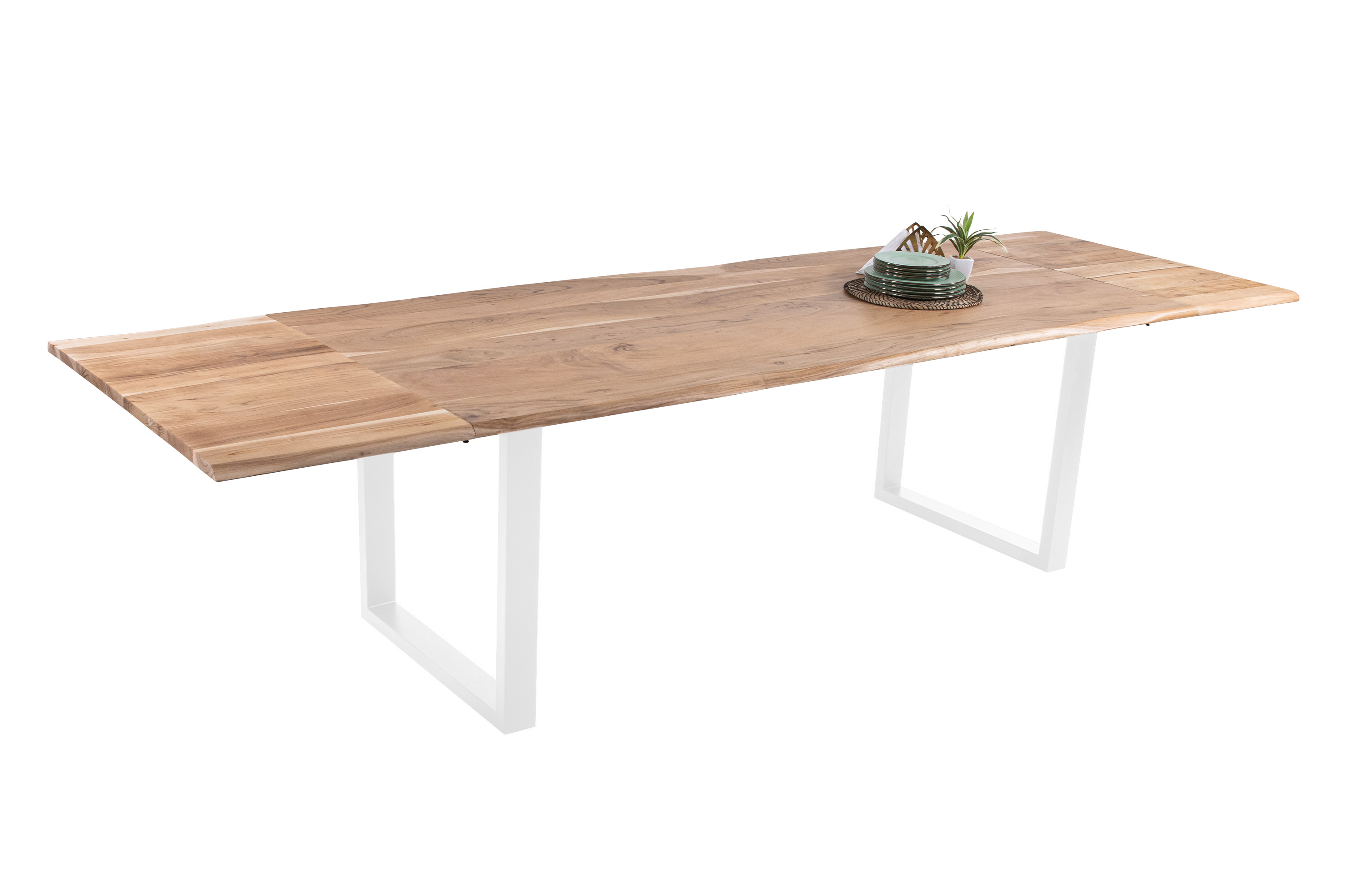 Esstisch Baumkante Akazie natur 200(300)x100 Ansteckplatten U-Gestell weiß AVINO