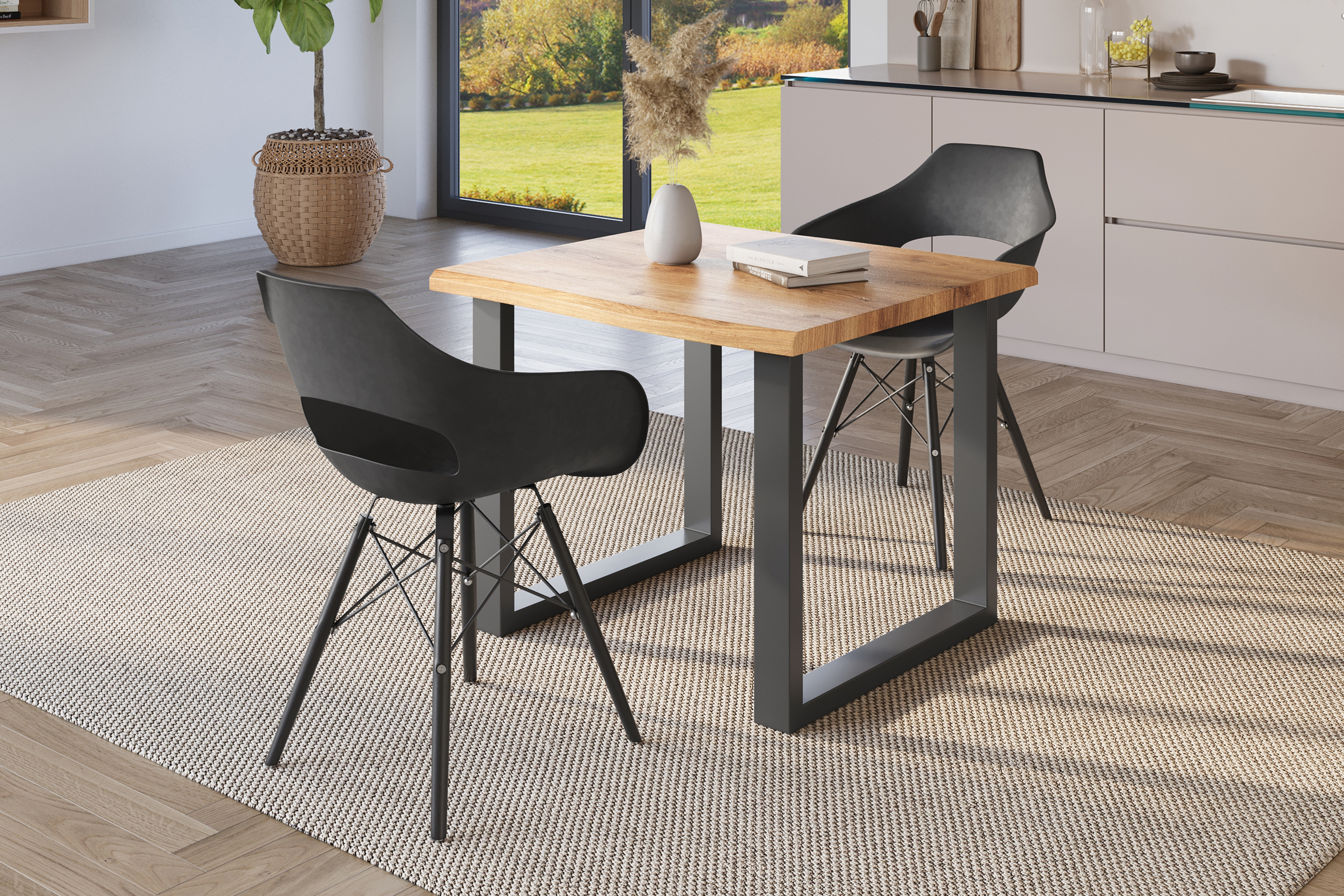 Esstisch Baumkante Holz-Optik Wildeiche 80 x 80 U-Gestell schwarz JULIUS
