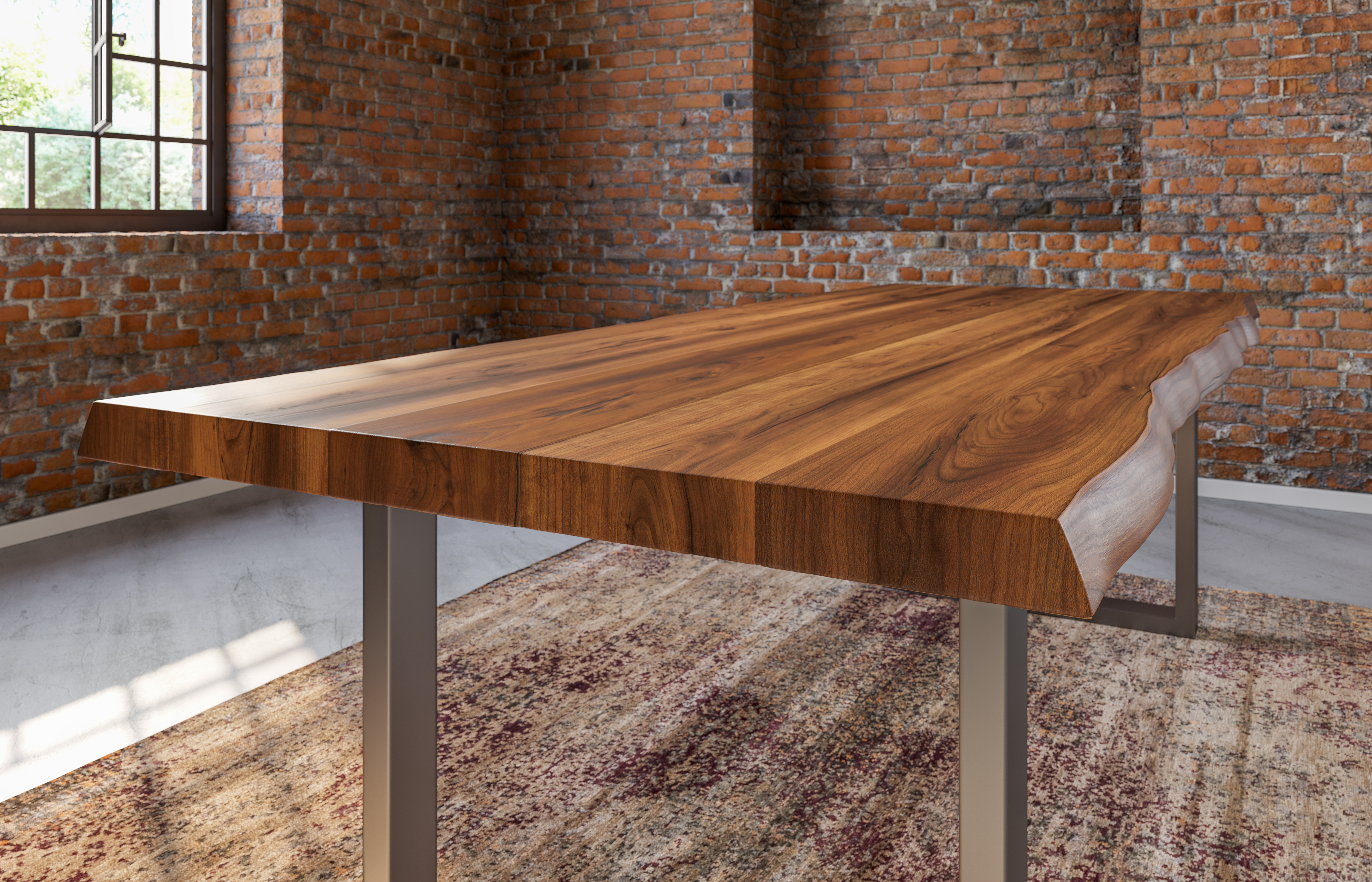Esstisch Baumkante Massiv Akazie nussbaumfarben 220 x 100 U-Gestell Silber UTRECHT