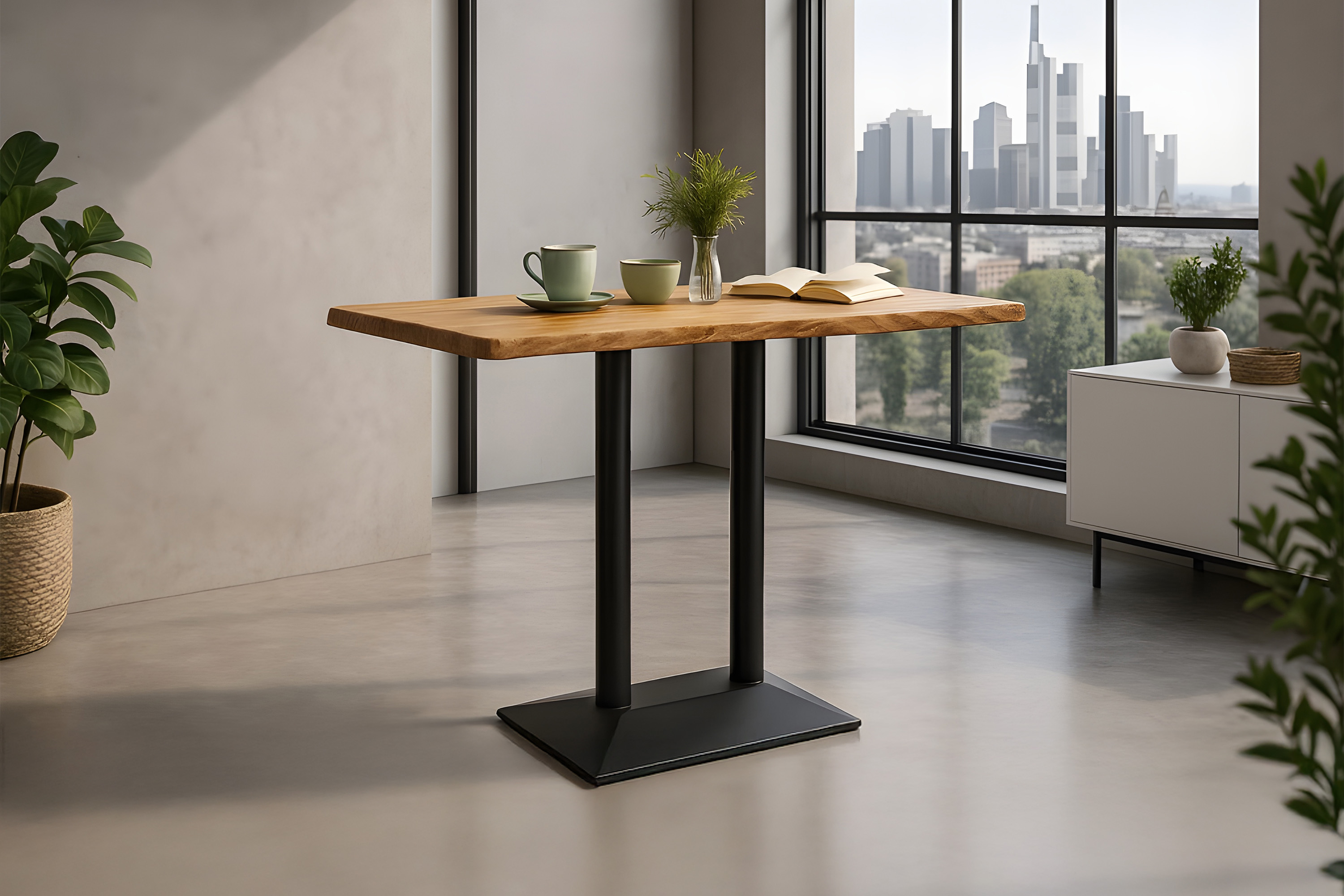 Bistrotisch Baumkante massiv 120x60 cm Akazie naturfarben schwarz Doppelsäulengestell IAN