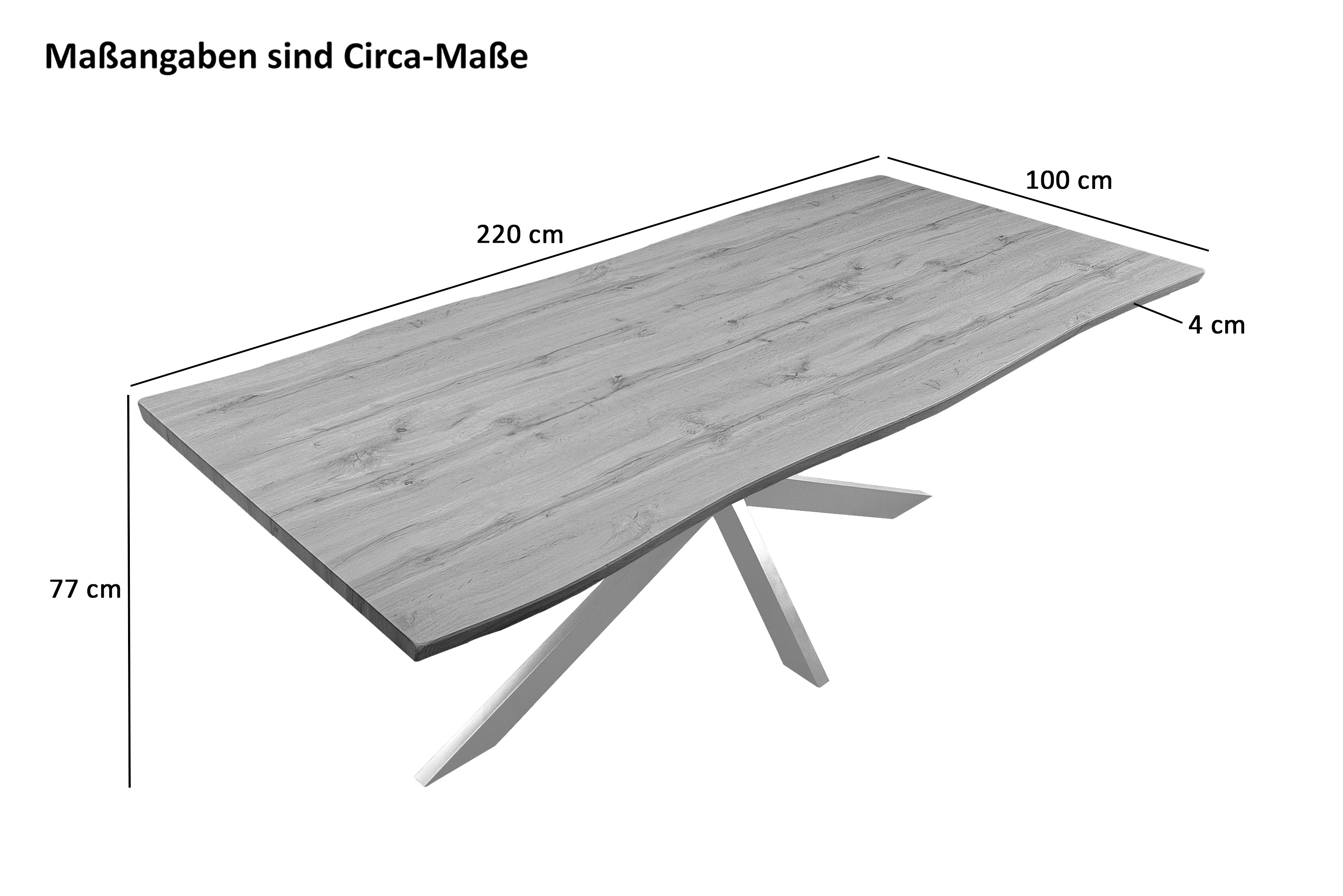 Esstisch Baumkante Holz-Optik Wildeiche 220 x 100 Spider-Gestell weiß JOSY