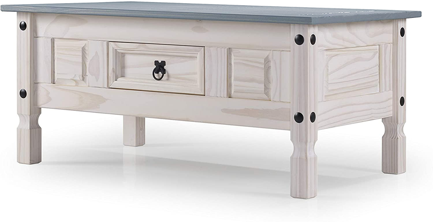 Couchtisch 100 x 60 cm mit Schublade Pinienholz weiß grau lasiert MEXICO